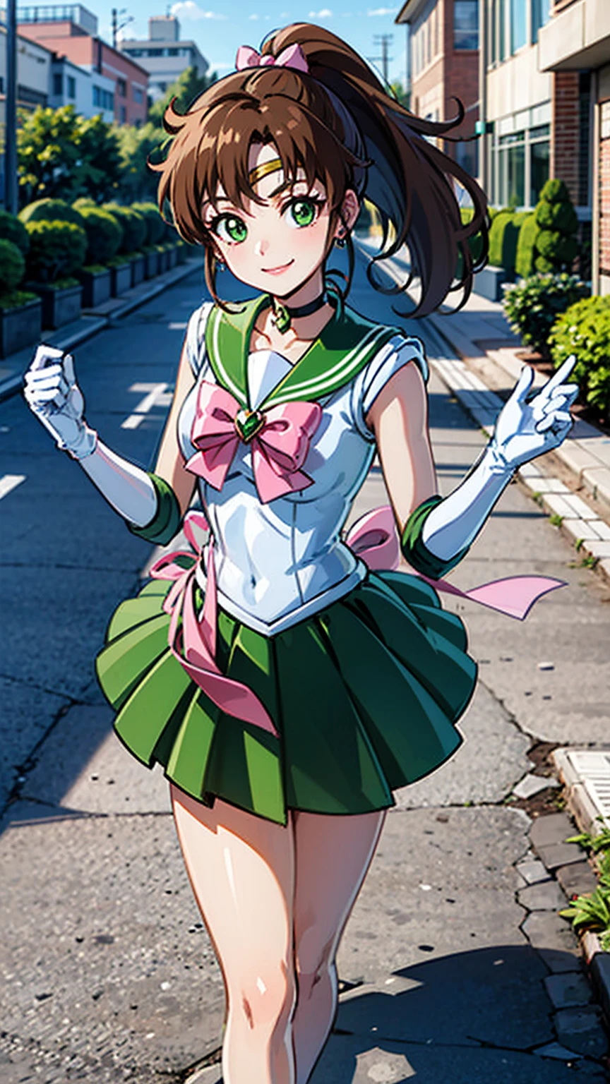 best quality, masterpiece, sailor_jupiter, brown ponytail, green eyes, pink bow, white gloves, choker, circlet, green skirt, looking at viewer, smiling, medium shot, 
standing, outside, city, street, blue sky, extreme detail, hdr, beautiful quality, 