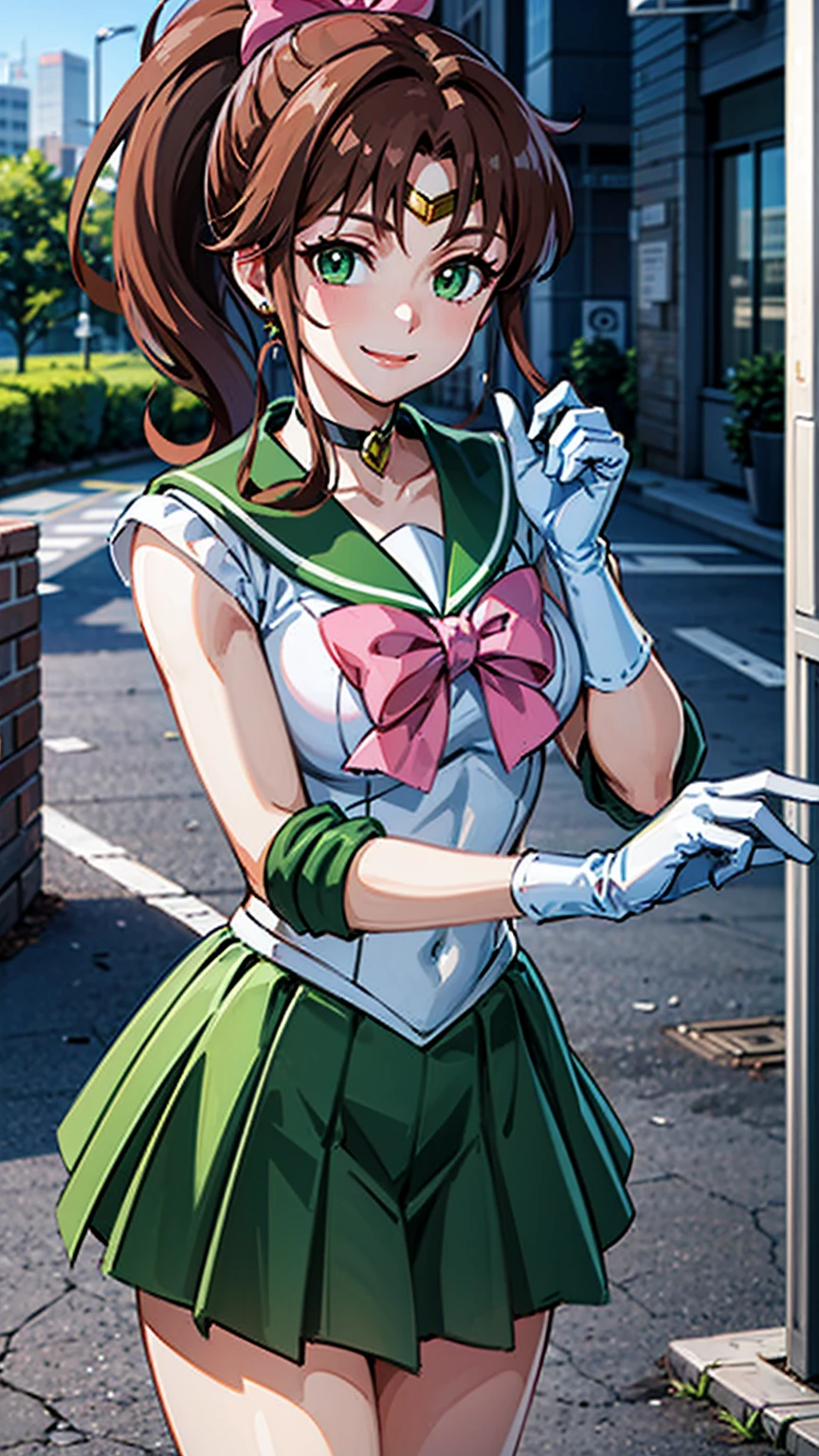 best quality, masterpiece, sailor_jupiter, brown ponytail, green eyes, pink bow, white gloves, choker, circlet, green skirt, looking at viewer, smiling, medium shot, 
standing, outside, city, street, blue sky, extreme detail, hdr, beautiful quality, 