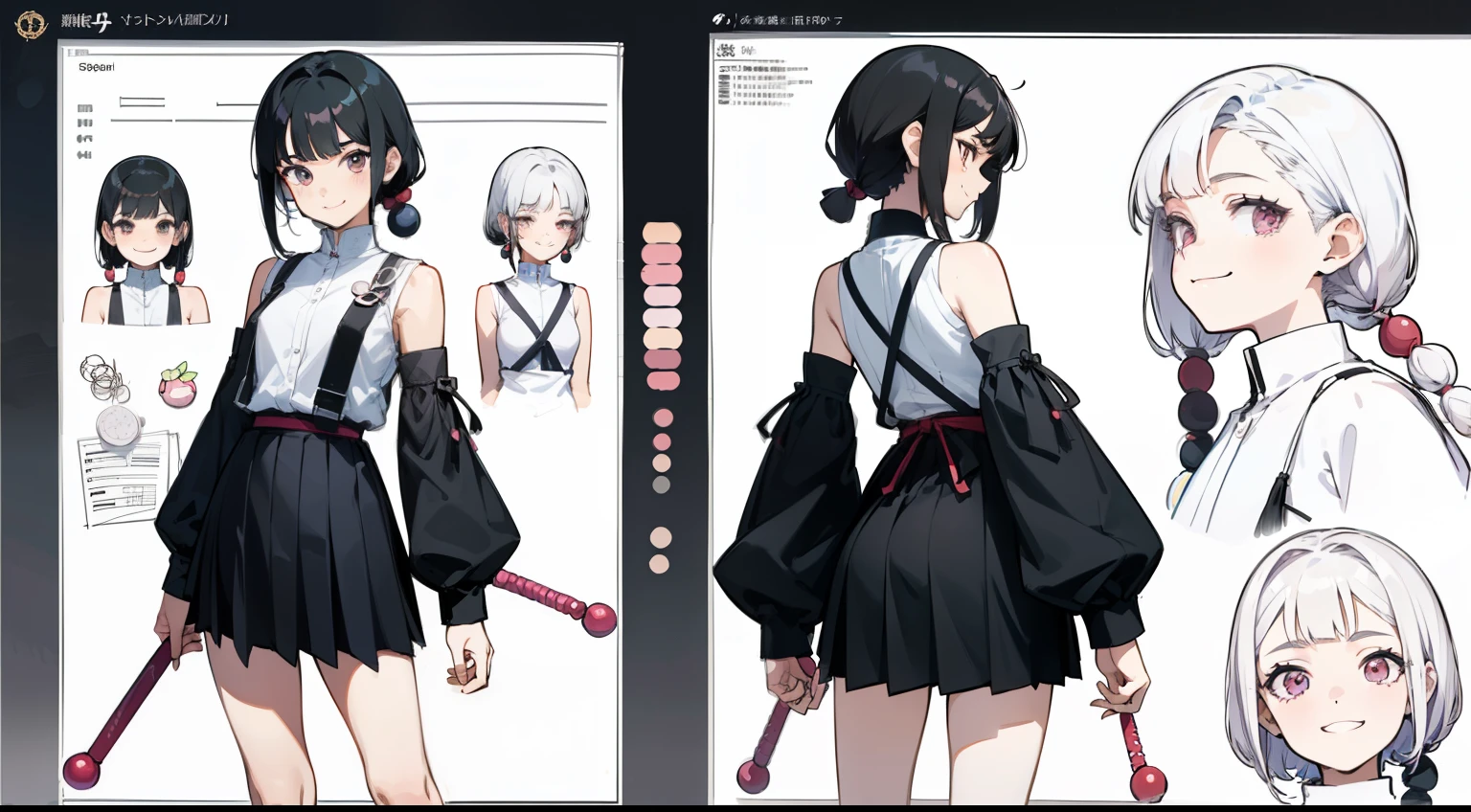 , Black Hair Girl, Hair length to the armpits (((Happy smiling face expression))) ,very short skirt, ((Odango hairstyle)) (((detailed character sheet, Front view, Side view, 3/4 view)))