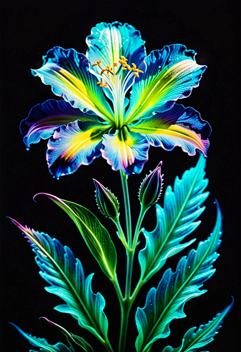 fatastic nature, ultra realism, ultra detail, bioluminescence, cibachrome, flower photography, photopainting, 90s, furrowed, vibrant holographic gradient