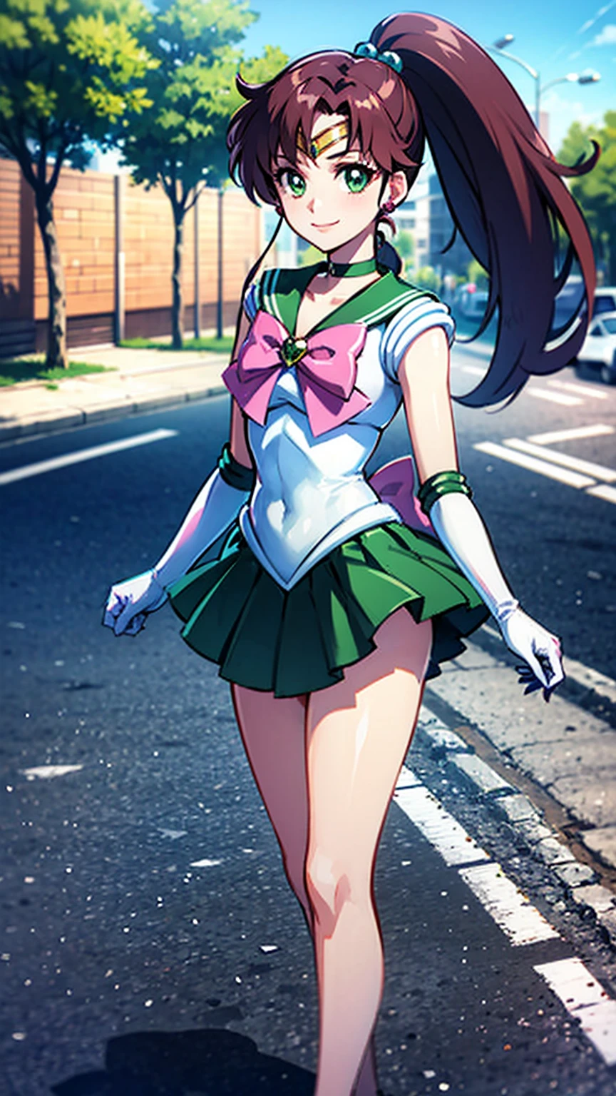 best quality, masterpiece, hmjupiter, green eyes, ponytail, tiara, jewelry, sailor senshi uniform, green sailor collar, choker, elbow gloves, white gloves, pink bow, brooch, white leotard, green skirt, pleated skirt, looking at viewer, smiling, medium shot, standing, outside, city, street, blue sky, extreme detail, hdr, beautiful quality, 