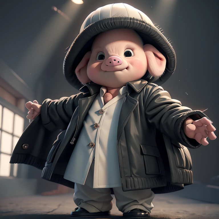 Pig Man wearing a stylish black trench coat，Wear a white shirt inside，black leather shoes，Make a cool pose，graphic design，Graphic design