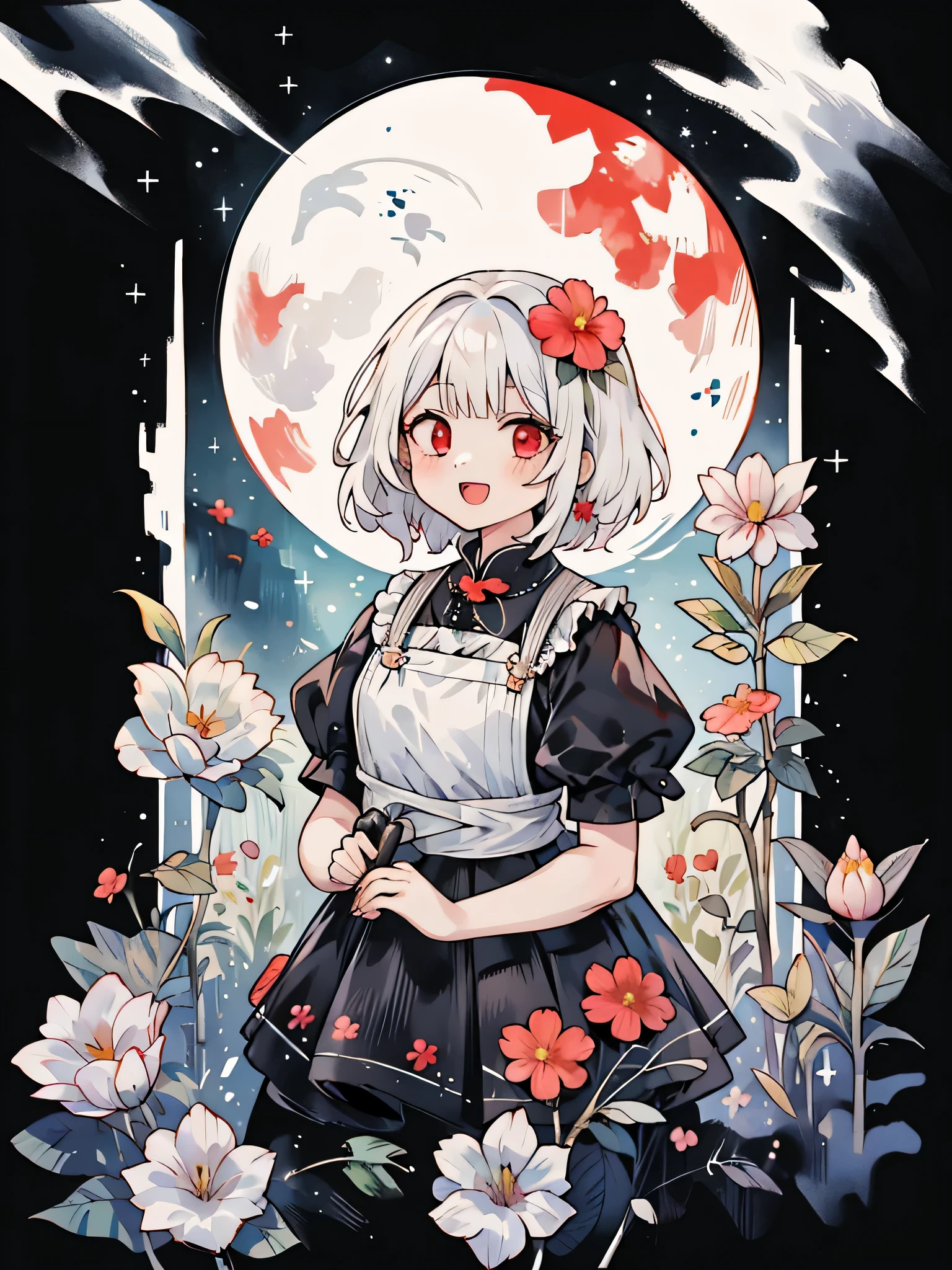 (masterpiece, highest quality:1.2), shape, absurd, High resolution, very detailed, One , with short white hair, red eyes, eye highlights, dress, Plump short sleeves, frills, outdoor, flower, Falling flower petals, Upper body, (moon:1.2), night, Depth of the bounds written, (:d:0.8),（black pantyhose）