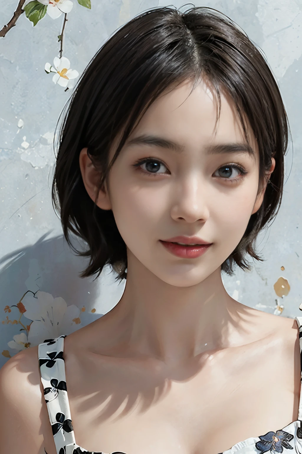 (A hyper-realistic), (illustration), (hight resolution), (8K), (highly detailed), (The best illustrations), (detailed face), (beautiful detailed eyes), (top-quality), (masterpiece), (wall-paper), Upper body close-up, short hair,inner colored, solo, Girl in simple black underwear, plump breasts, smile