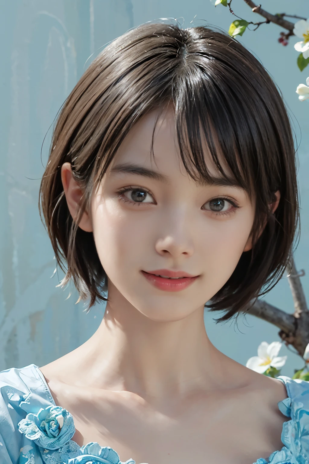 (A hyper-realistic), (illustration), (hight resolution), (8K), (highly detailed), (The best illustrations), (detailed face), (beautiful detailed eyes), (top-quality), (masterpiece), (wall-paper), Upper body close-up, short hair,inner colored, solo, Girl in simple blue underwear, plump breasts, smile