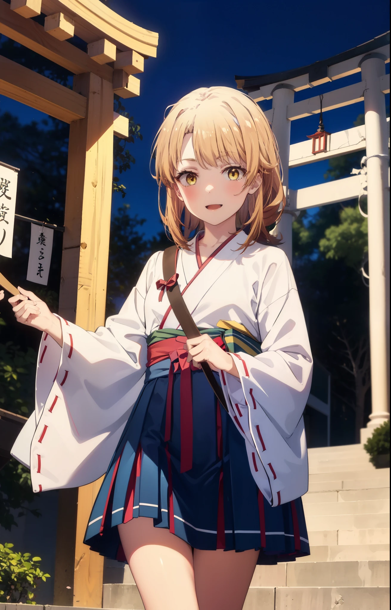irohaisshiki, iroha isshiki, long hair, brown hair, (brown eyes:1.5), low ponytail,short braided hair,happy smile, smile, open your mouth,Platycodon,Miko, white kimono, red hakama,kimono, white foot bag,Zori sandals,same as skirt, wide sleeve, long sleeve, ribbon trim sleeves,
looking at the viewer, Are standing,
very long hair, dull bangs, low ponytail,
break outdoors, shrine,torii,
break looking at viewer, (cowboy shot:1. 5)
break (masterpiece:1.2), highest quality, High resolution, unity 8k wallpaper, (shape:0.8), (fine and beautiful eyes:1.6), highly detailed face, perfect lighting, Very detailed CG, (perfect hands, perfect anatomy),