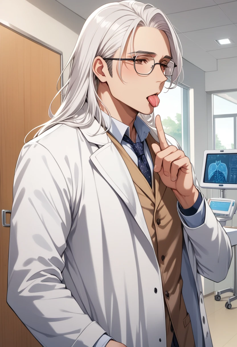 (masterpiece, best quality:1.2), (1boy), solo, 8k, white hair, long hair, glasses, handsome male, very detailed, tall, doctor, anime style, at a hospital, white coat, licking his finger, blush, beautiful brown eyes