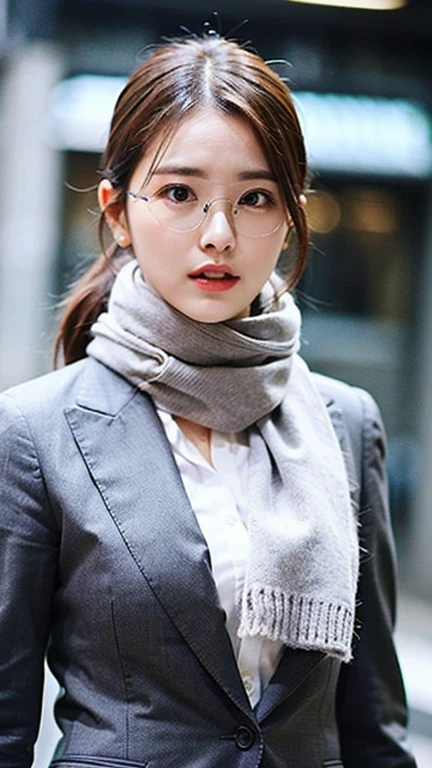 8K,woman,whole body,shortcut,Glasses,30 years old,Grey suit style,scarf,Purple White Pink,