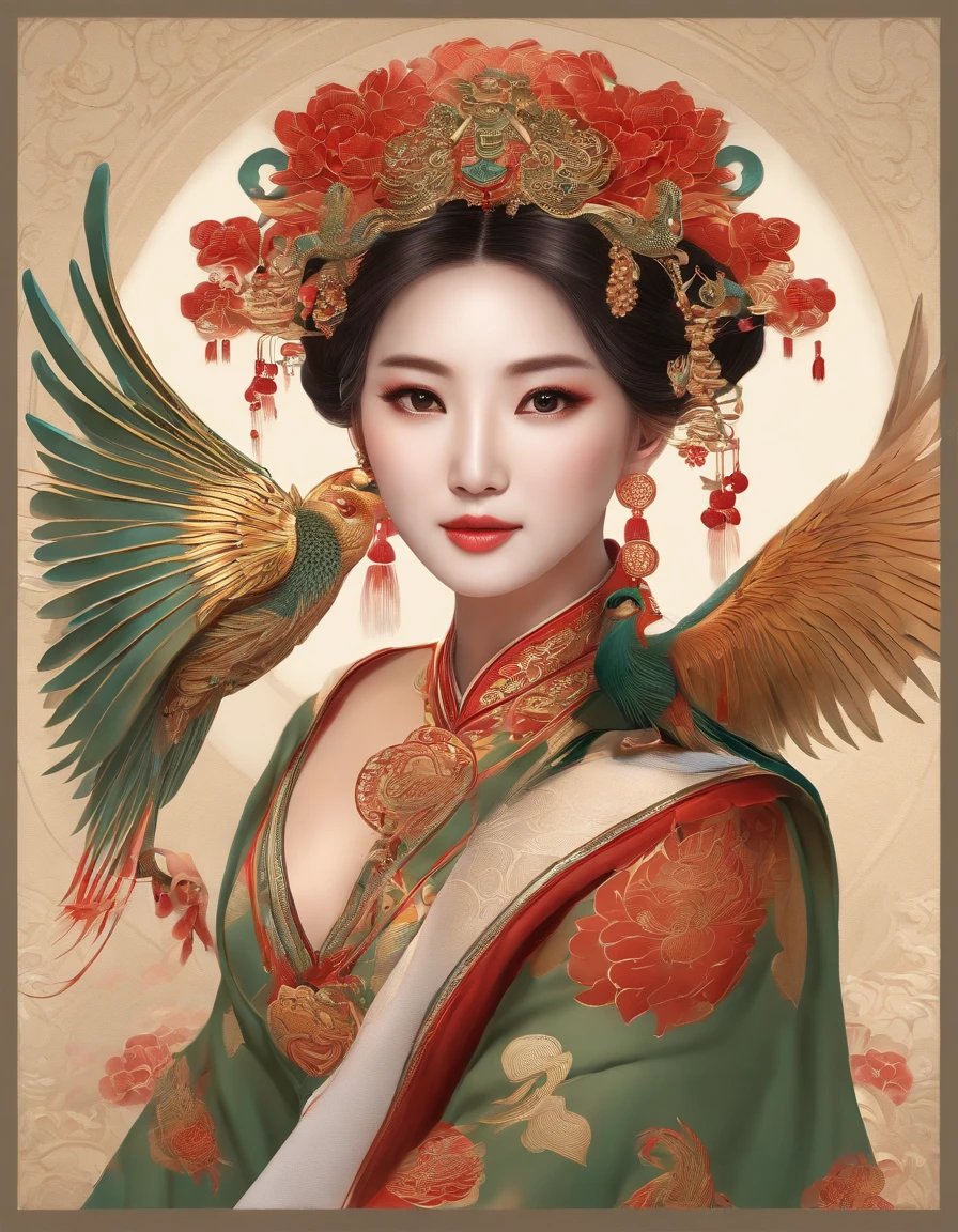 Chinese style ancient style girl，There is a phoenix behind it，The overall color is reddish-green, Shocking and domineering Chinese phoenix， Detailed phoenix head， brunette color hair， Long ponytail， Chino， cropped shoulders，， The is very detailed， dynamic angle， Beautiful lenses， （The most beautiful form of chaos）， aethereal， （vivd colour）， overclocking， （halfway： 1.2）， Chinese big breasts， （thangka flying sky： 1.5）， （Ribbons： 1.3）， （Dream： 1.5）， （Hanfu： 1.5）， chinesedragon， Chinese Phoenix， （ssmile： 0.5）， （Chinese God）， （tmasterpiece， top-quality， best qualityer， ultimate details， highest details， offcial art， Beauty and aesthetics： 1.2）， the golden ratio
