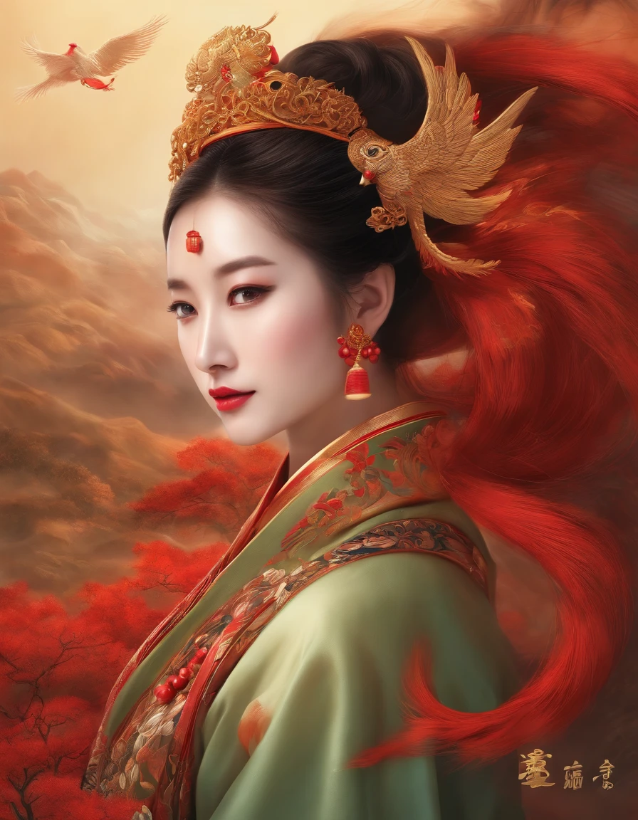 Chinese style ancient style girl,There is a phoenix behind it,The overall color is reddish-green, Shocking and domineering Chinese phoenix, Detailed phoenix head, brunette color hair, Long ponytail, Chino, cropped shoulders,, The is very detailed, dynamic angle, Beautiful lenses, (The most beautiful form of chaos), aethereal, (vivd colour), overclocking, (halfway: 1.2), Chinese big breasts, (thangka flying sky: 1.5), (Ribbons: 1.3), (Dream: 1.5), (Hanfu: 1.5), chinesedragon, Chinese Phoenix, (ssmile: 0.5), (Chinese God), (tmasterpiece, top-quality, best qualityer, ultimate details, highest details, offcial art, Beauty and aesthetics: 1.2), the golden ratio
