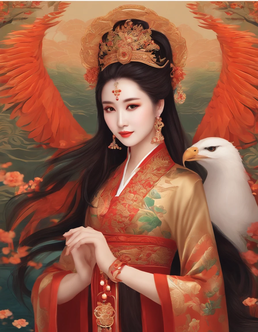 Chinese style ancient style girl,There is a phoenix behind it,The overall color is reddish-green, Shocking and domineering Chinese phoenix, Detailed phoenix head, brunette color hair, Long ponytail, Chino, cropped shoulders,, The is very detailed, dynamic angle, Beautiful lenses, (The most beautiful form of chaos), aethereal, (vivd colour), overclocking, (halfway: 1.2), Chinese big breasts, (thangka flying sky: 1.5), (Ribbons: 1.3), (Dream: 1.5), (Hanfu: 1.5), chinesedragon, Chinese Phoenix, (ssmile: 0.5), (Chinese God), (tmasterpiece, top-quality, best qualityer, ultimate details, highest details, offcial art, Beauty and aesthetics: 1.2), the golden ratio