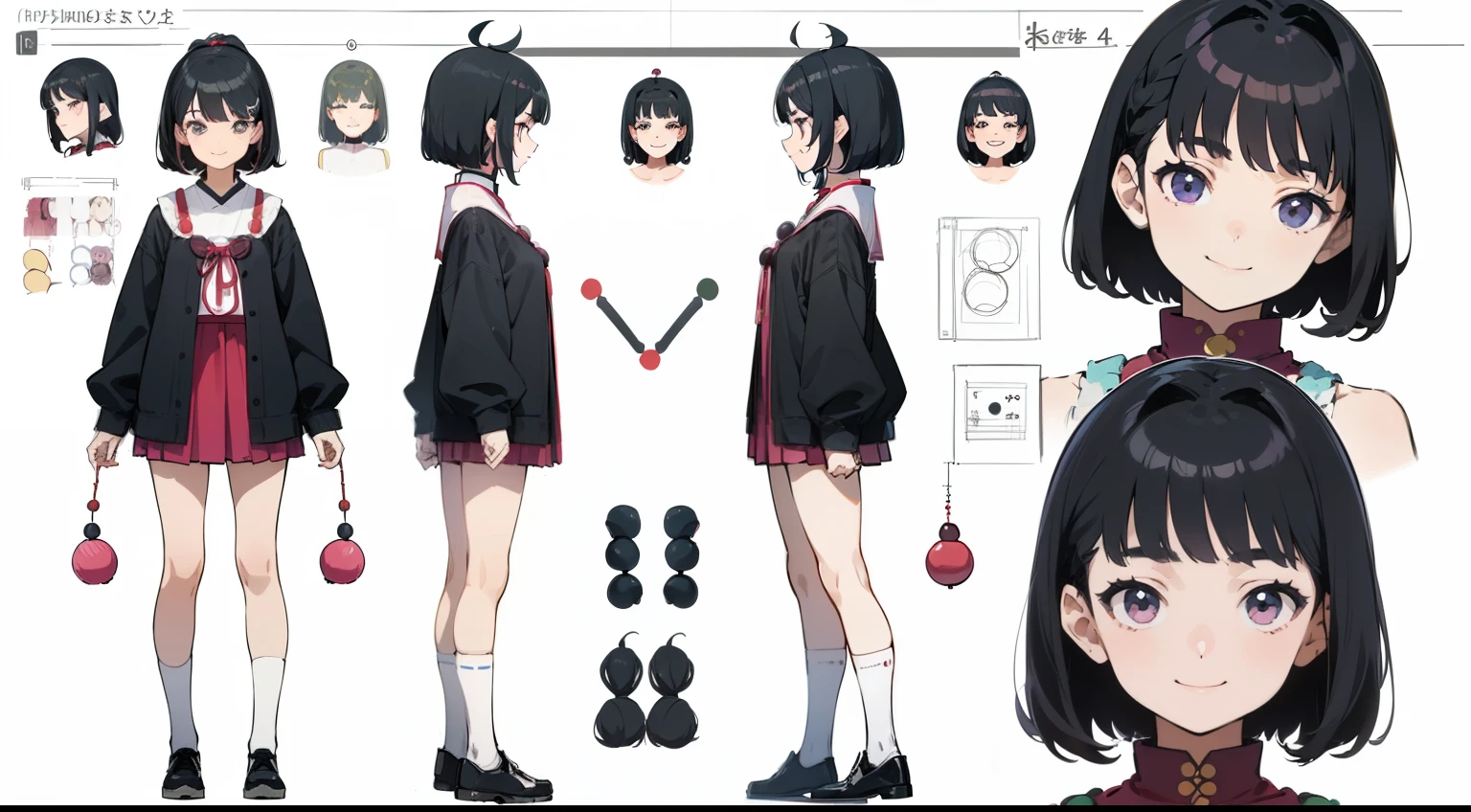 , Black Hair Girl, Hair length to the armpits (((Happy smiling face expression))) ,very short skirt, ((Odango hairstyle)) (((detailed character sheet, Front view, Side view, 3/4 view)))