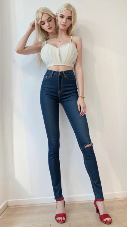 best resolution, 3 heads, Australian girl Instagram model girl three heads, 19 years old, youthful, walking down a sidewalk with one holding a cell phone, tight denim jeans, skinny waist and thick hips, thin waist, thin-waist, slim waist, slender waist, blue jeans, jeans pants, with a thin waist, photo of slim girl, denim jeans, photo of slim girl model, jean pants, short flat hourglass slim figure, braided hair, blonde hair, red hair, black hair, different hair colors, full-body view, full body shot
