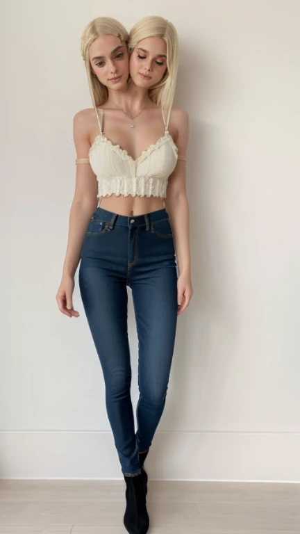 best resolution, 3 heads, Australian girl Instagram model girl three heads, 19 years old, youthful, walking down a sidewalk with one holding a cell phone, tight denim jeans, skinny waist and thick hips, thin waist, thin-waist, slim waist, slender waist, blue jeans, jeans pants, with a thin waist, photo of slim girl, denim jeans, photo of slim girl model, jean pants, short flat hourglass slim figure, braided hair, blonde hair, red hair, black hair, different hair colors, full-body view, full body shot