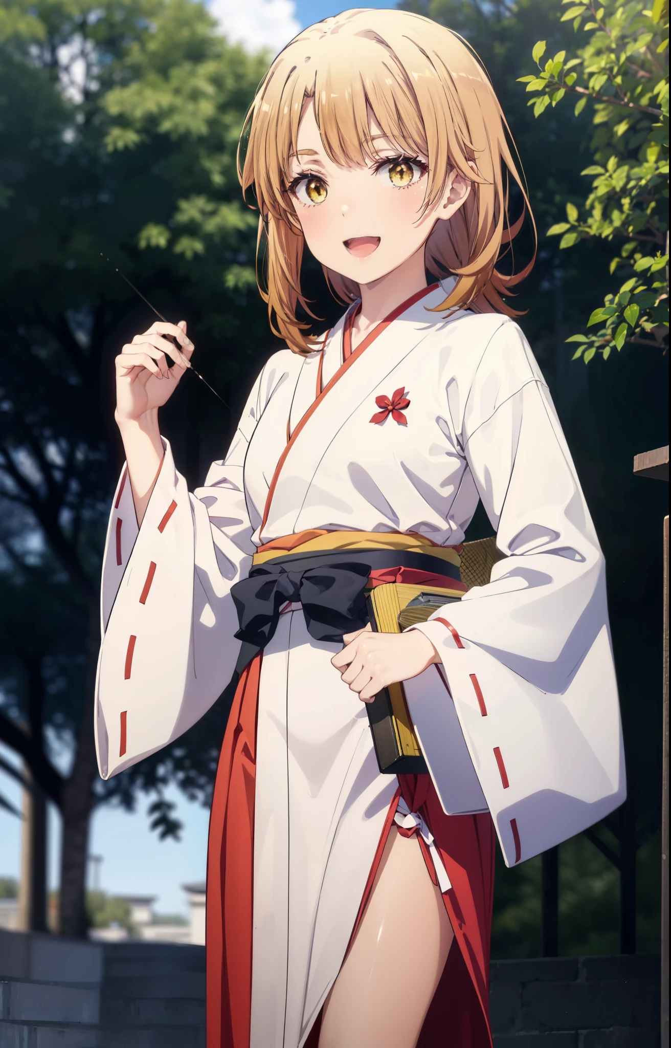 irohaisshiki, iroha isshiki, long hair, brown hair, (brown eyes:1.5), low ponytail,short braided hair,happy smile, smile, open your mouth,Platycodon,Miko, white kimono, red hakama,kimono, white foot bag,Zori sandals,same as skirt, wide sleeve, long sleeve, ribbon trim sleeves,  
looking at the viewer, Are standing, 
very long hair, dull bangs, low ponytail, 
break outdoors, shrine,torii,
break looking at viewer, (cowboy shot:1. 5)
break (masterpiece:1.2), highest quality, High resolution, unity 8k wallpaper, (shape:0.8), (fine and beautiful eyes:1.6), highly detailed face, perfect lighting, Very detailed CG, (perfect hands, perfect anatomy),