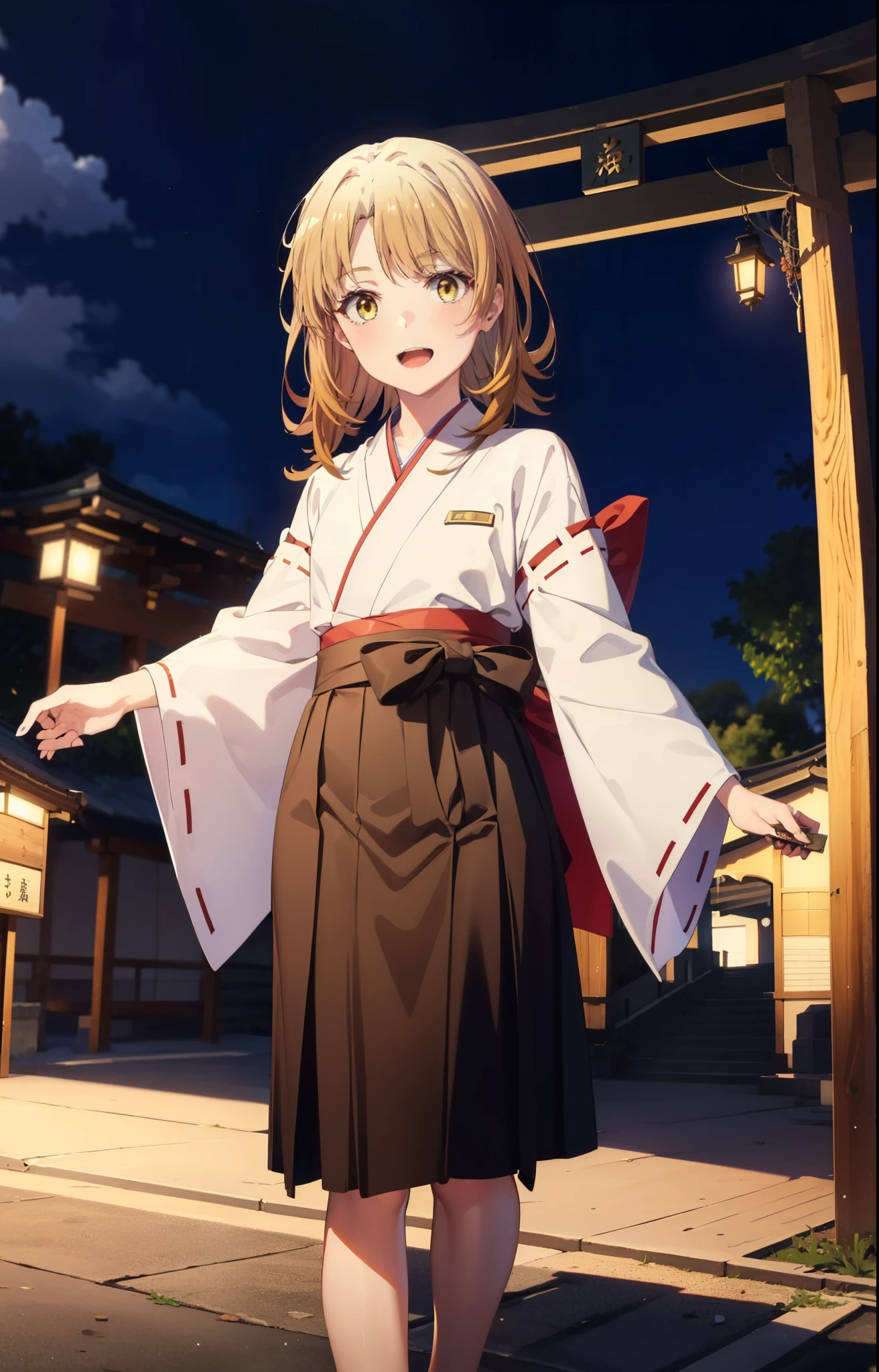 irohaisshiki, iroha isshiki, long hair, brown hair, (brown eyes:1.5), low ponytail,short braided hair,happy smile, smile, open your mouth,Platycodon,Miko, white kimono, red hakama,kimono, white foot bag,Zori sandals,same as skirt, wide sleeve, long sleeve, ribbon trim sleeves,
looking at the viewer, Are standing,
very long hair, dull bangs, low ponytail,
break outdoors, shrine,torii,
break looking at viewer, (cowboy shot:1. 5)
break (masterpiece:1.2), highest quality, High resolution, unity 8k wallpaper, (shape:0.8), (fine and beautiful eyes:1.6), highly detailed face, perfect lighting, Very detailed CG, (perfect hands, perfect anatomy),