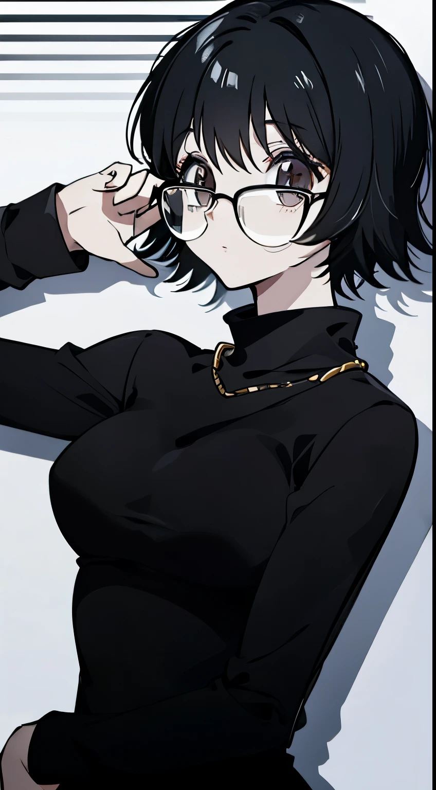 short hair, Fair skin, black hair, with an evil smile, hands behind your head, slender body,glasses