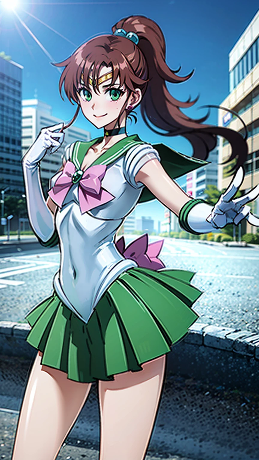 Highest quality, Great quality, 16K, Unbelievably absurd, Very detailed, 2.5D, delicate and dynamic, (Sailor Jupiter), Small face, Very delicate look, Delicate eye depiction, Very Fine Hair, (1 female), erotic, Sexy Woman, Muscular, height: 175cm, Light brown long hair,ponytail、 Sexy long legs,  Sailor Warrior Uniform, Makoto Kino, solo, skirt, Brown Hair, green Sailor collar, Green Eyes, green choker, Outdoor, gloves, green skirt, Sailor collar, white gloves, bow, jewelry, boots, hair ornaments, choker, elbow gloves, ponytail, null, Earrings, Green shoes, Day, Magical girl,Glowing Skin,1990s \(style\),、(F Cup Beauty Big)、expensive、Cinema Lighting, (完璧なGlowing Skin:0.6),Always high quality CG Unity 8K wallpapers、smile