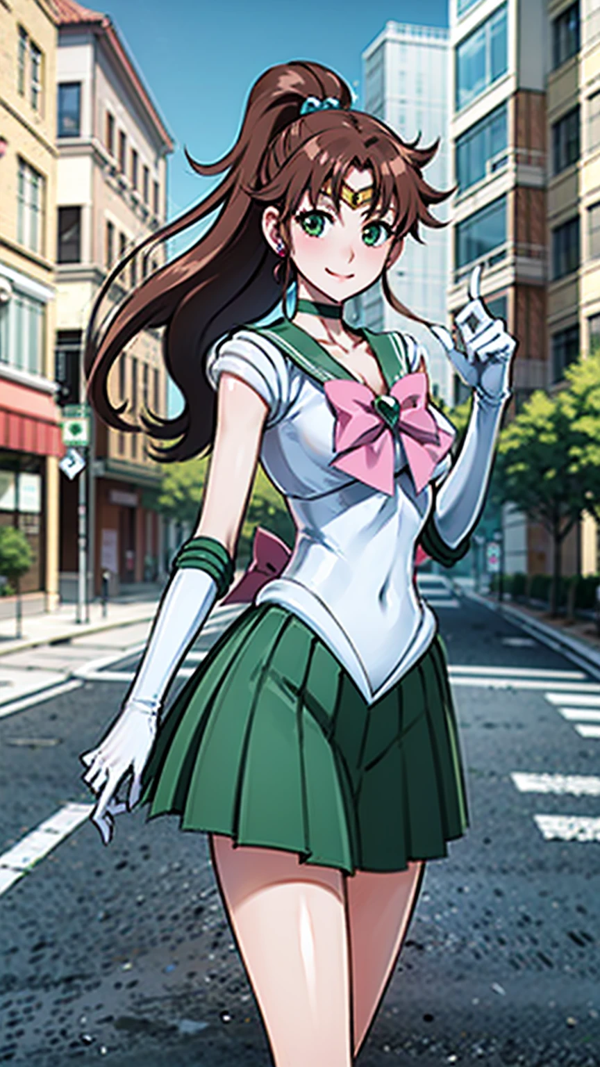 best quality, masterpiece, hmjupiter, green eyes, ponytail, tiara, jewelry, sailor senshi uniform, green sailor collar, choker, elbow gloves, white gloves, pink bow, brooch, white leotard, green skirt, pleated skirt, looking at viewer, smiling, medium shot, standing, outside, city, street, blue sky, extreme detail, hdr, beautiful quality, 