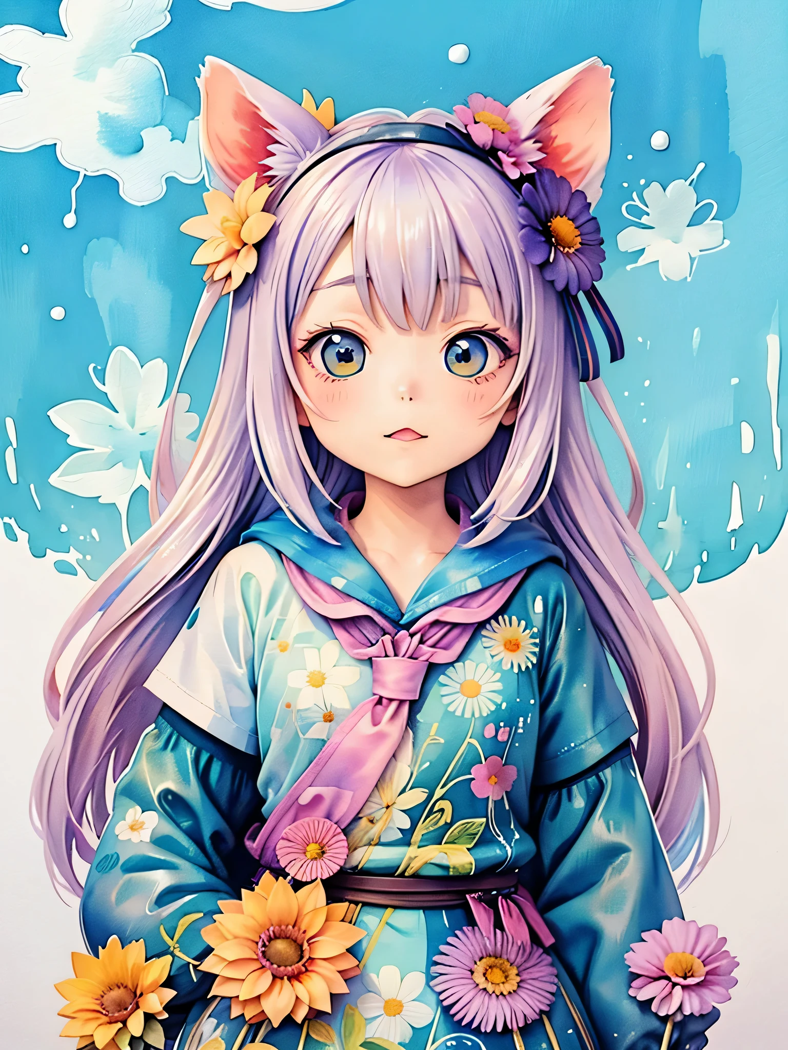 Aikaze Yazawa、8K quality, Takashi murakami&#39;illustration of, intense watercolor, watercolor detailed art, watercolor splash, surreal, avant-garde pop art, Beautiful and expressive paintings, beautiful artwork illustration of, very colorful tones, wonderful, cool beauty, highest quality,official art, vector art,stylish design, ((most beautiful girl ever))), (((highest quality))), HDR, ((Detailed details)), (((graffiti art))), ((masterpiece))、((Super detailed))、(((colorful flowers)))、(((futuristic cityscape)))