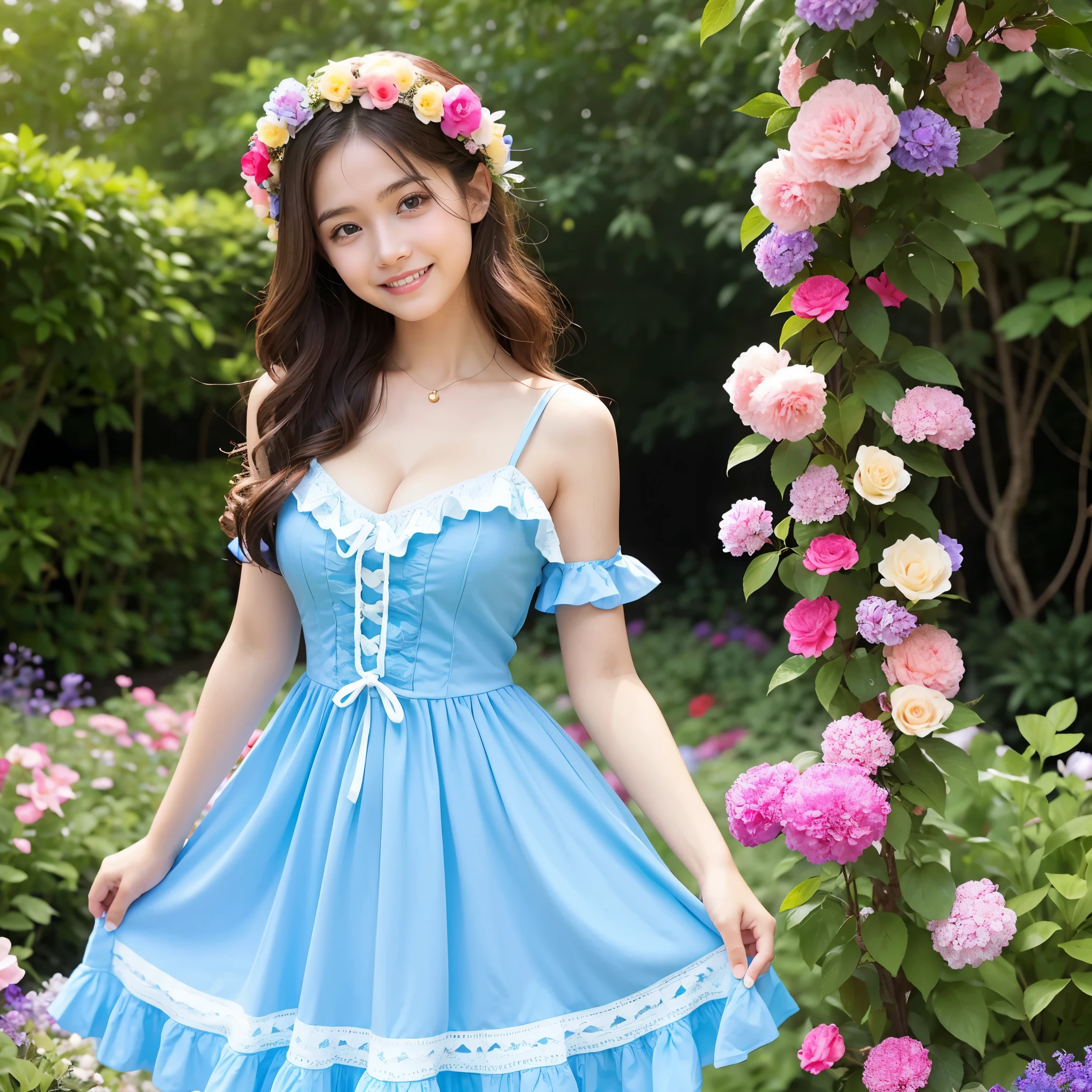 (highest quality、masterpiece、8K、best image quality、hyper realism、Award-winning work)、(Cute 12 year old Lolita girl:1.1)、(very young 12 year old girl:1.1)、(baby face:1.1)、(1 person:1.1)、(1 photo:1.1)、(Cute transparent multiple pastel color lolita dress:1.2)、(Cute girly big ribbon:1.1)、(A perfect pastel colored Lolita dress with great attention to detail:1.1)、A dress with cute frills and ribbons、Lace decoration、Cute girly fluffy wavy hair、low length、Height: 140cm、pink rose、Lots of cute frills、big cute ribbon、emphasize body line、(very big breasts:1.1)、(big cleavage:1.1)、glamorous body、Standing gracefully、(Colorful flower fields in a fairytale heaven:1.1)、(A beautiful, luxurious haven inspired by the Garden of Eden:1.5)、Beautiful clear sky、beautiful thunder clouds、(The fantastic and mysterious Garden of Eden:1.5)、(A paradise inspired by the Garden of Eden:1.5)、(A huge variety of vibrant flowers:1.1)、(A gorgeous treasure trove of mysterious and beautiful nature:1.1)、(Perfectly recreates the atmosphere of heaven:1.2)、(Beautiful mystical waterfall:1.2)、epic movie lighting、Tyndall effect、(Mysterious beautiful fog:1.1)、(very bright and vivid:1.1)、A girl standing gracefully、accurate anatomy、perfect makeup、long eyelashes、glossy lips、Ultra high definition glossy skin、(Ultra-high definition bright and beautiful skin:1.1)、(Super bright and radiant skin:1.1)、超高精細のglossy lips、Super high definition beautiful teeth