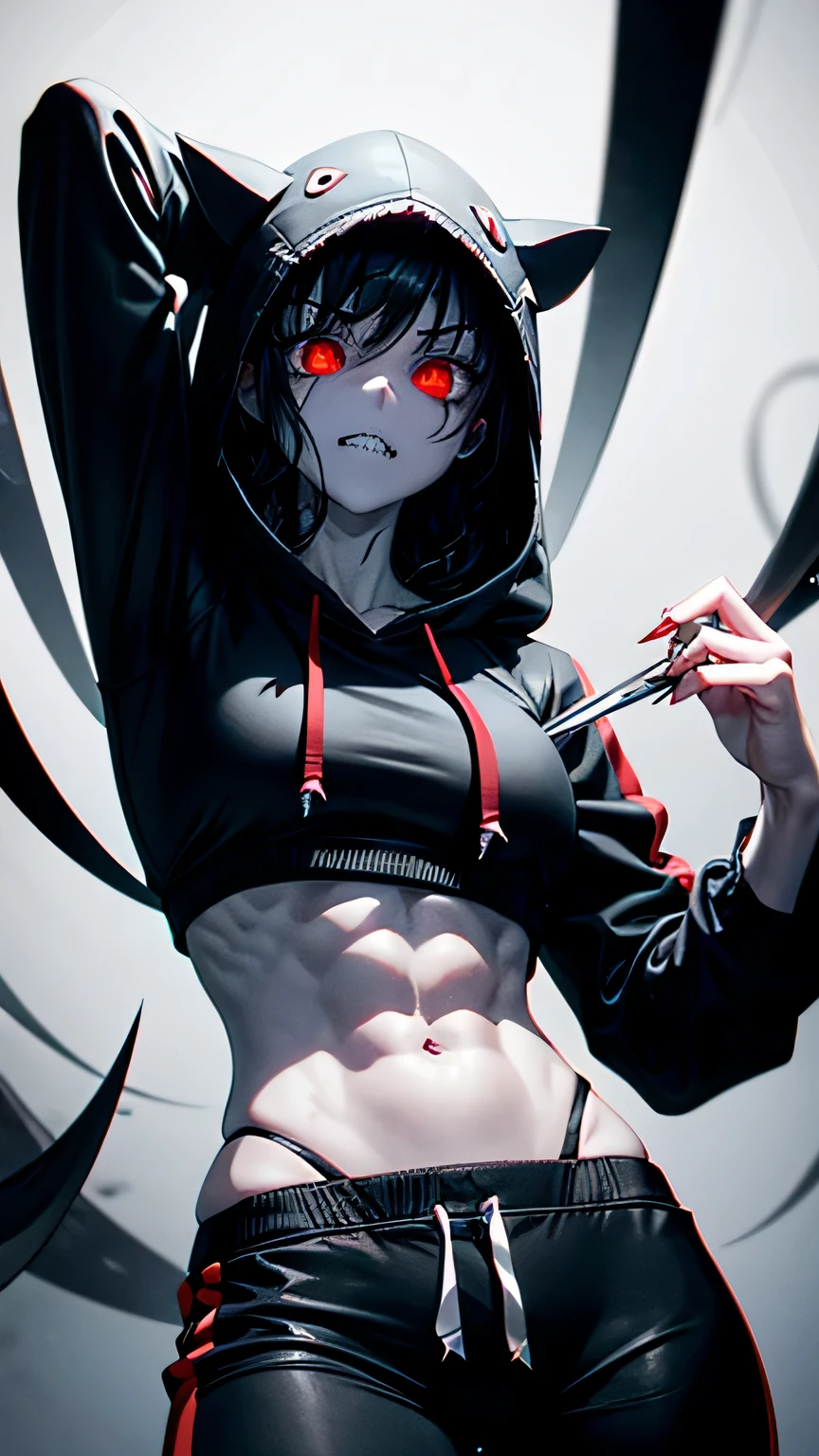 Solo. Creepy, terrifying muscularly lean girl with messy curly black hair, big , thick muscular thighs, a sharp jawline, crazy red eyes, metal wires joining his seperated upper jaw and lower jaw, Jeff the killer's mouth, muscular forearms, sharp shark-like teeth for teeth, pale white skin, red eyes on her body, wearing a fit white hoodie and black tracksuits, eating a lung, in a black background. Cannibalistic. Floating red eyeballs. Horror. Her name is Cannaria, 17 year old. Blood