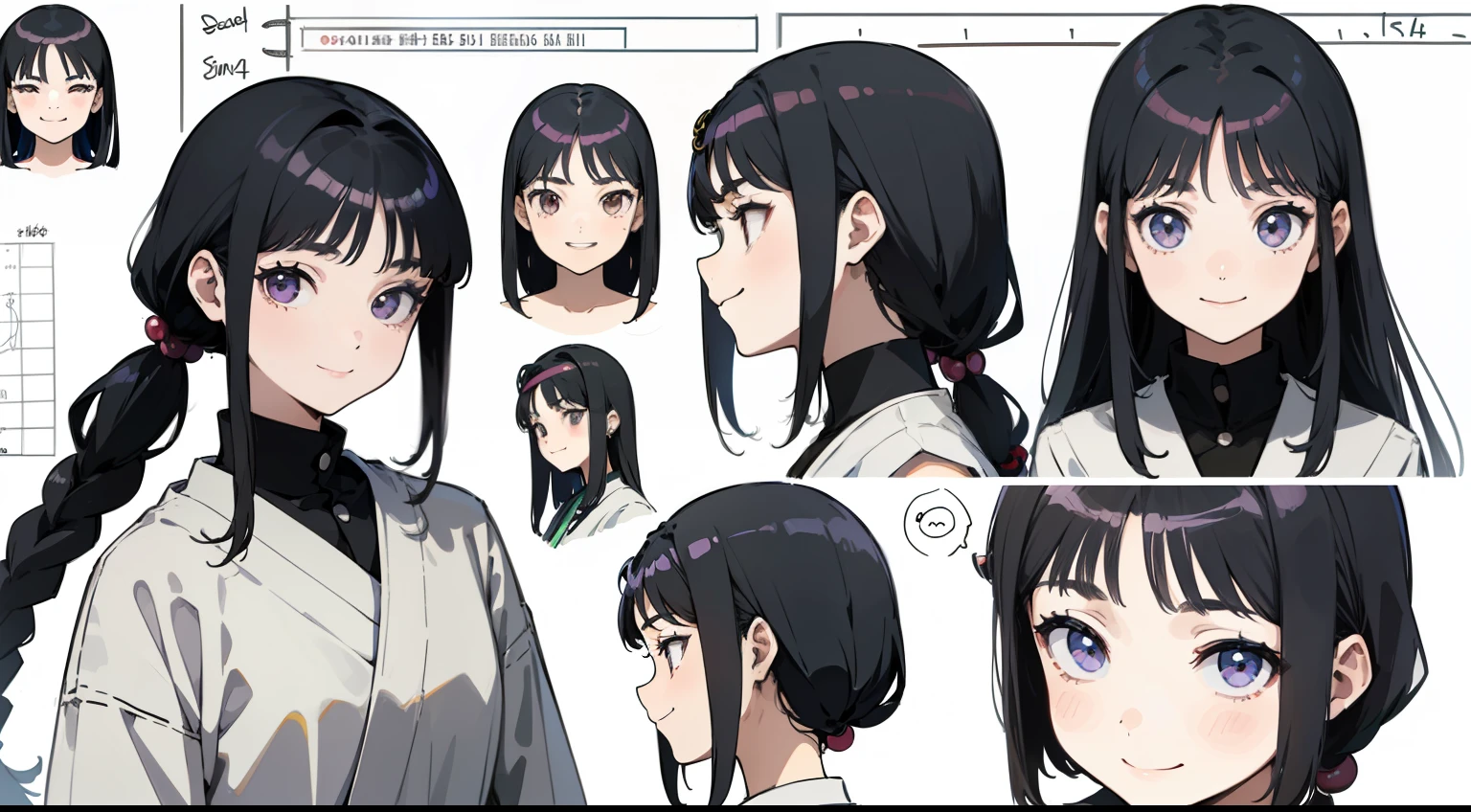 , Black Hair Girl, Hair length to the armpits (((Happy smiling face expression))) , ((Odango hairstyle)) (((detailed character sheet, Front view, Side view, 3/4 view)))