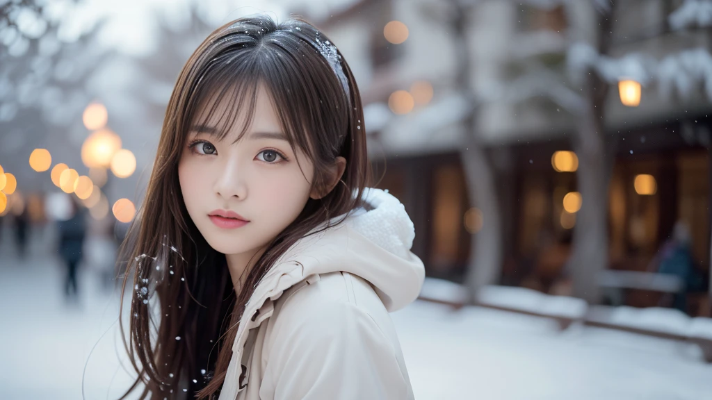 (masterpiece:1.3), (8K, Photoreal, RAW photo, The background is a winter park with falling powder snow........、best image quality: 1.4), 23 year old girl、super detail face、eye for details、double eyelid、sharp focus:1.5、きれいなwoman:1.4、light brown hair、ponytail、natural color lip、highest quality、masterpiece、超A high resolution、(Photoreal:1.4)、Highly detailed and professional lighting、winter ladies fashion、lender、serious expression、transparent skin、random pose、shining hair、woman１name,1girl