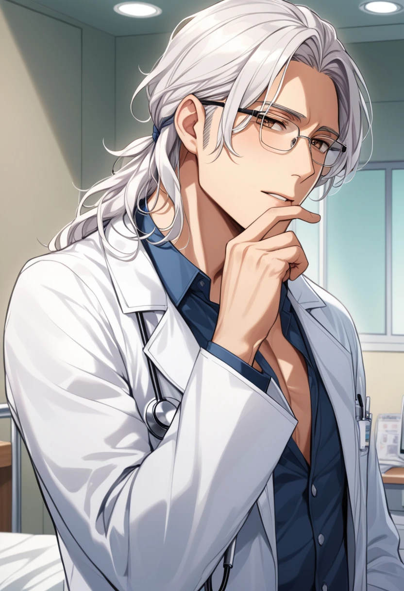 (masterpiece, best quality:1.2), (1boy), solo, 8k, white hair, long hair, glasses, handsome male, very detailed, tall, doctor, anime style, at a hospital, white coat, licking his finger, blush, beautiful brown eyes