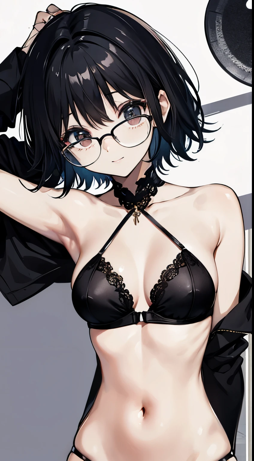 short hair, Fair skin, black hair, with an evil smile, hands behind your head, slender body,glasses