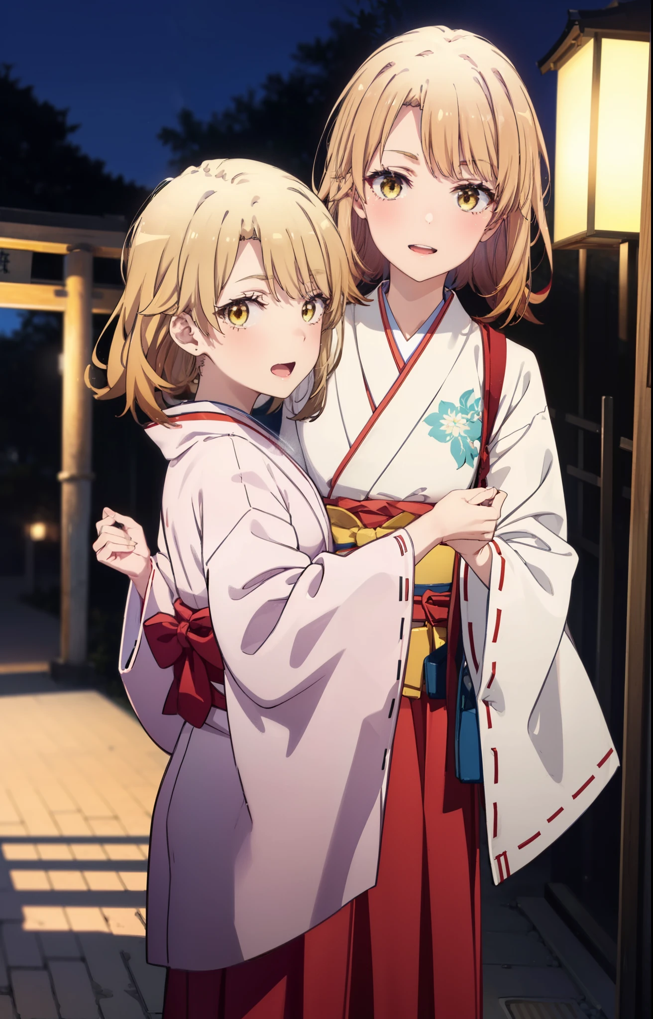 irohaisshiki, iroha isshiki, long hair, brown hair, (brown eyes:1.5), low ponytail,short braided hair,happy smile, smile, open your mouth,Platycodon,Miko, white kimono, red hakama,kimono, white foot bag,Zori sandals,same as skirt, wide sleeve, long sleeve, ribbon trim sleeves,  
looking at the viewer, Are standing, 
very long hair, dull bangs, low ponytail, 
break outdoors, shrine,torii,
break looking at viewer, (cowboy shot:1. 5)
break (masterpiece:1.2), highest quality, High resolution, unity 8k wallpaper, (shape:0.8), (fine and beautiful eyes:1.6), highly detailed face, perfect lighting, Very detailed CG, (perfect hands, perfect anatomy),