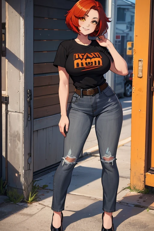 female, red short hair with yellow highlights, orange eyes, (((1girl))), (((black t-shirt))), (grey denim jeans), (black belt), (black flats), cute and sexy, large breasts, large butt, full body, long legs, smiling