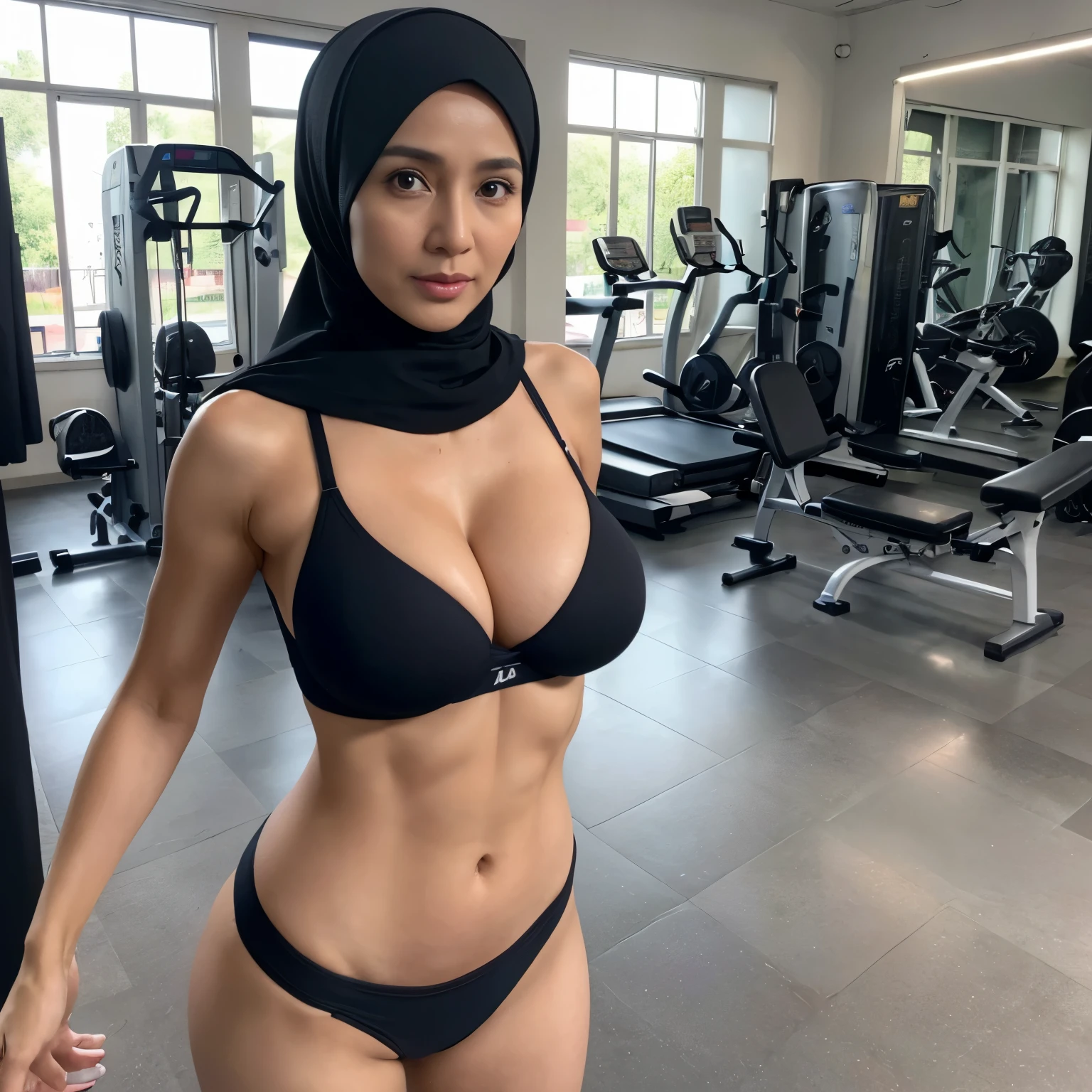 ((42 years Old)), ((Sugar Mama)), ((Beauty Hijab Indonesian MILF)), Sport Bra, wet Body, Droopiest Longest Massive Gigantic : 96.9, naked body, Polish Nail and face, Full body, ((Busty Body)), Breast about To burst out, Realistic Detailed Perfect abs, Squeezing Breast, at Gym, Dark light, at Day time.