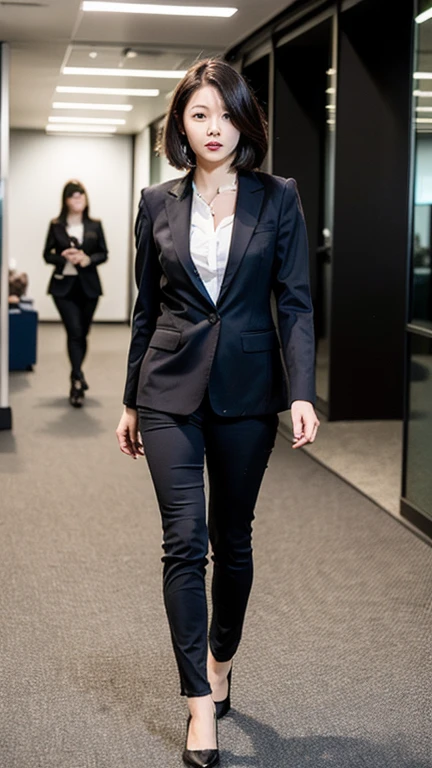 (highest quality, 8K, 32k, masterpiece, UHD:1.2), 1 girl, beautiful japanese woman, grey suit, white shirt, office lady, suit, pants, office room, machine,detailed face, short hair,