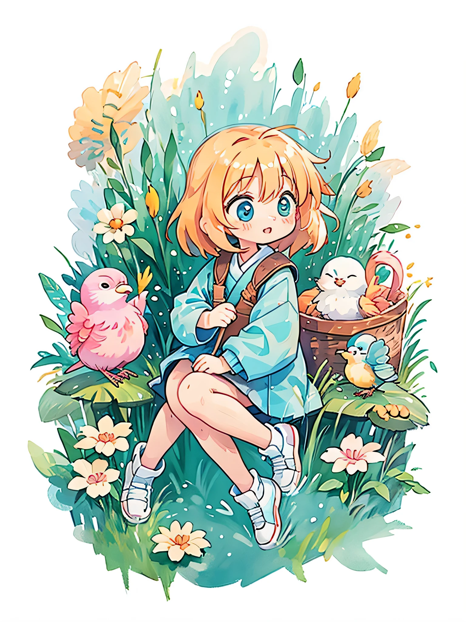 Fujio Akatsuka Style, Kawaii Design, most beautiful girl ever、Chibi, birdie、picnic