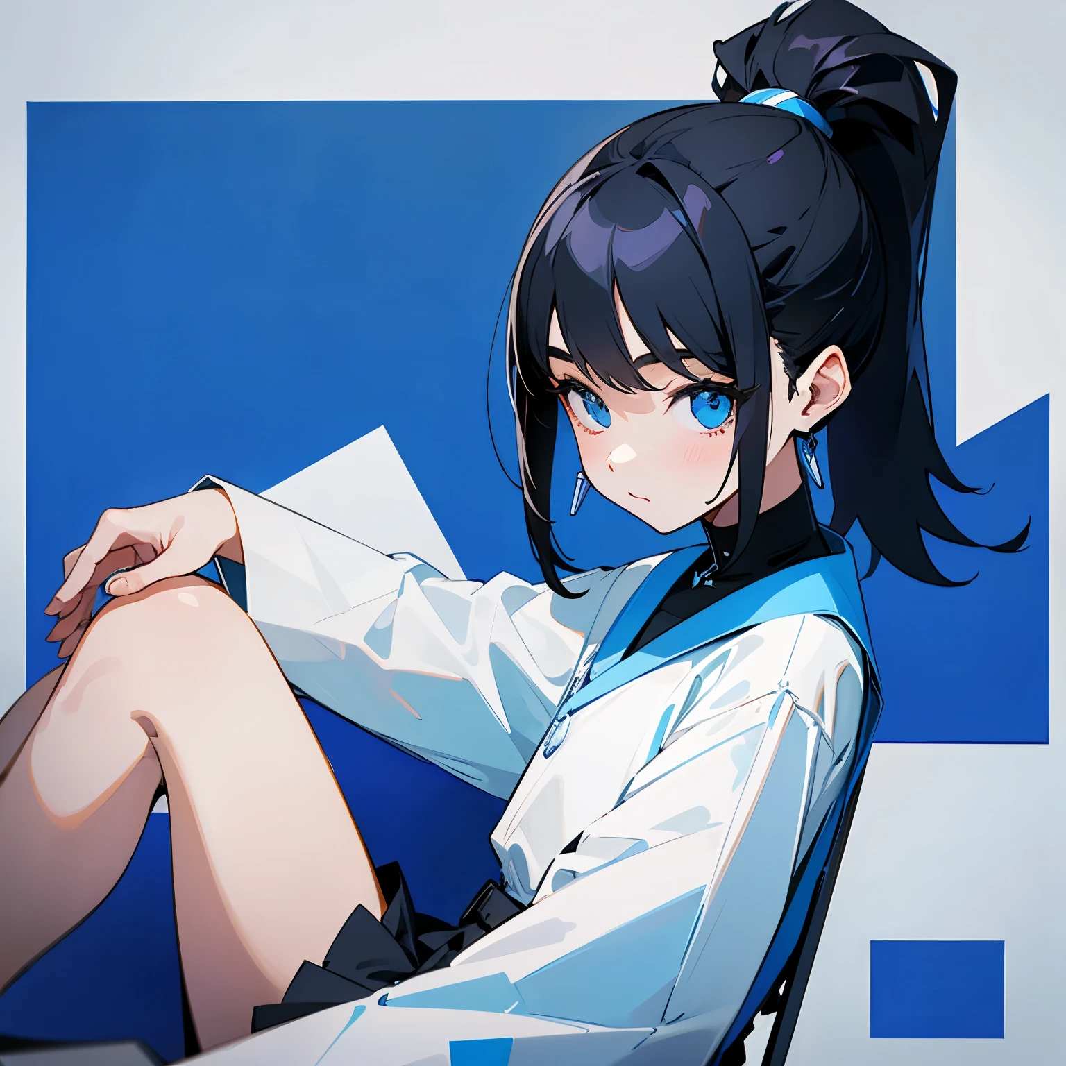 woman、black hair、ponytail、white shirt、Geometric pattern、blue background、sit、looking at the viewer