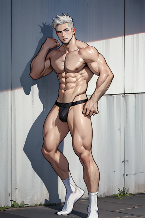 Leg length,Cross shape on the wall,sexy man,White transparent thong,eight pack abs,Strengthen your body,Large pecs,white socks,blue eyes, full body portrait