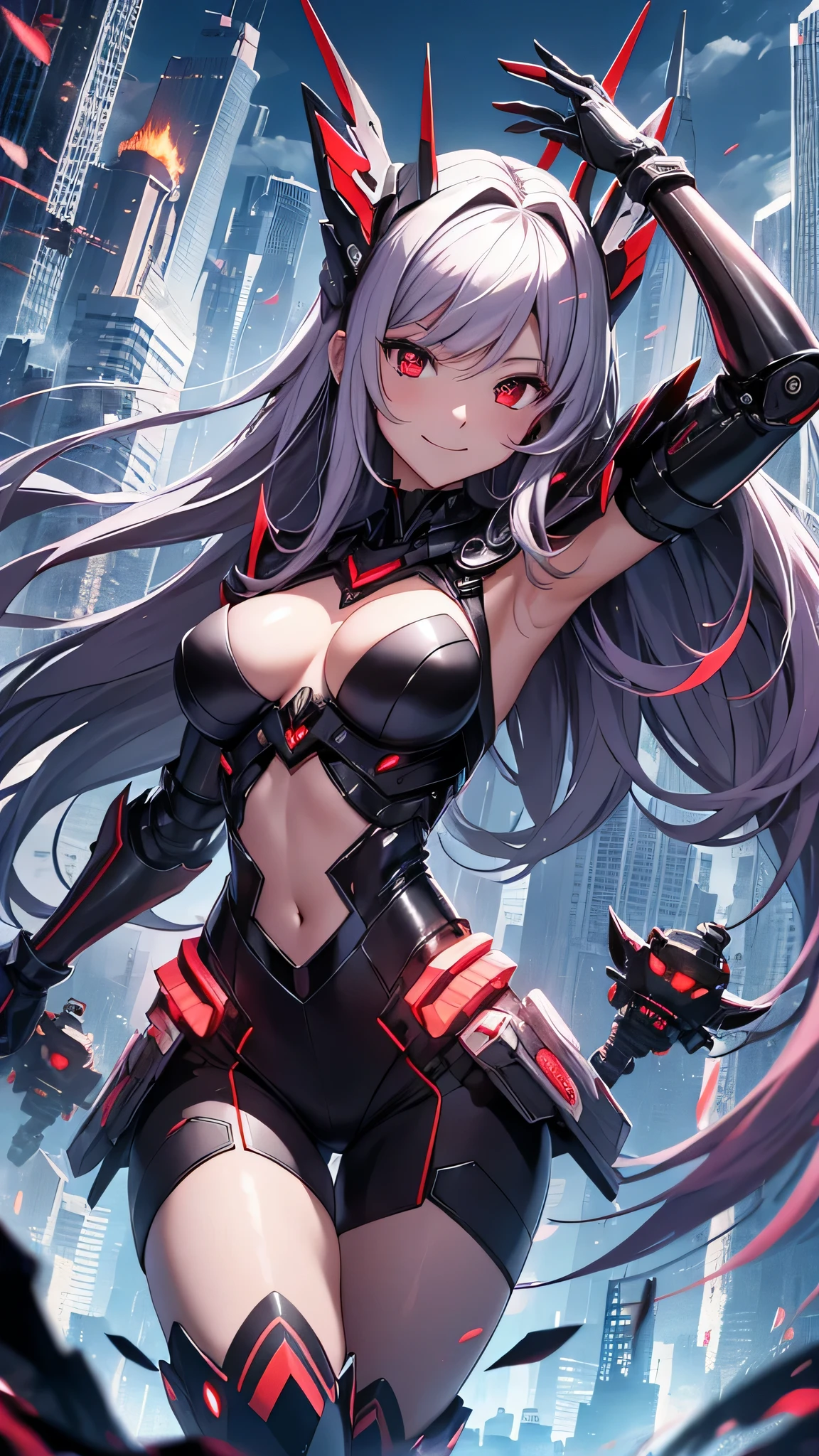 最high quality、best image quality、masterpiece、android girl((18-year-old、 By becoming、vest bust、medium bust,wide open breast tea、red glowing eyes, water hair、messy hair、long hair、thin,highest valley、Blue robot body、Shiny red body、Close ~ eyes、attack、Show the whole body、robot arm、robot feet、villain、evil smile、bad smile、laugh loudly、villain pose、Black robot wings,sharp nails、prick々New body parts、With a big sword、floating in the air、Robot Tail)),high quality、beautiful art、background((cyber world))、Flight、debris flies、Depth of written boundary、movie、visual art、perfect art、8K,genuine、