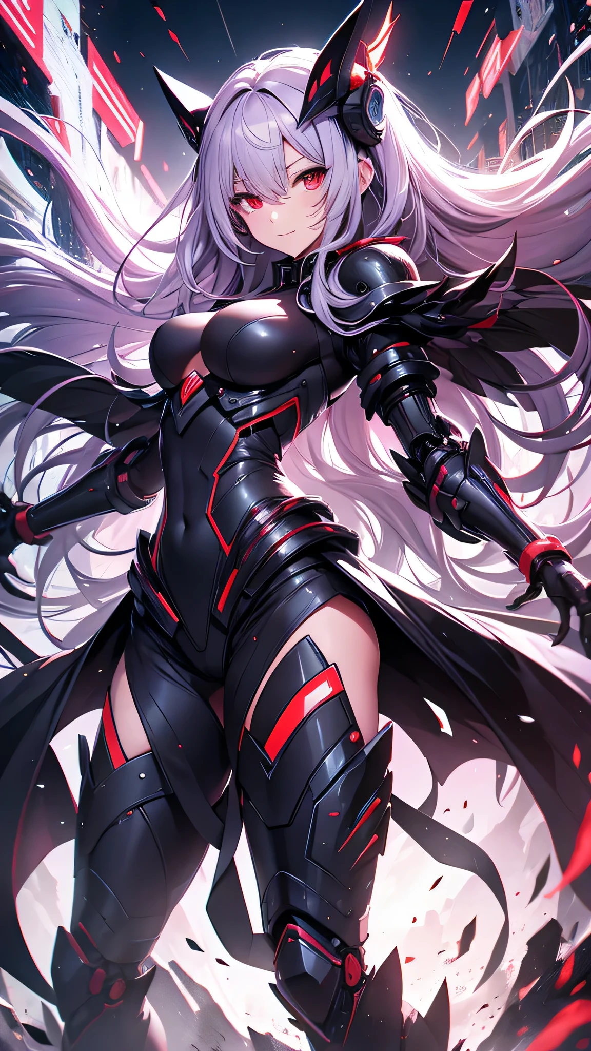最high quality、best image quality、masterpiece、android girl((18-year-old、 By becoming、vest bust、medium bust,wide open breast tea、red glowing eyes, water hair、messy hair、long hair、thin,highest valley、Blue robot body、Shiny red body、Close ~ eyes、attack、Show the whole body、robot arm、robot feet、villain、evil smile、bad smile、laugh loudly、villain pose、Black robot wings,sharp nails、prick々New body parts、With a big sword、floating in the air、Robot Tail)),high quality、beautiful art、background((cyber world))、Flight、debris flies、Depth of written boundary、movie、visual art、perfect art、8K,genuine、