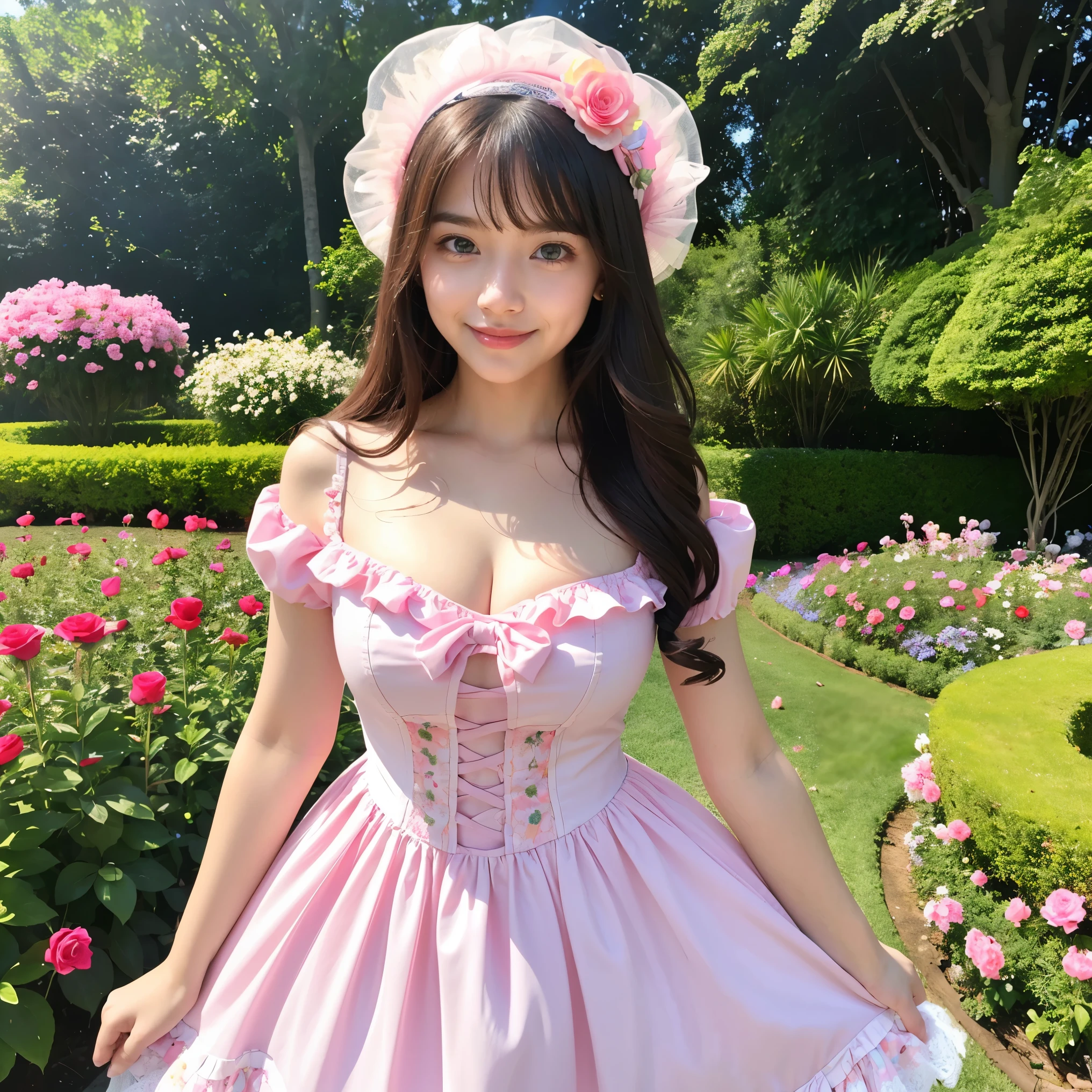 (highest quality、masterpiece、8K、best image quality、hyper realism、Award-winning work)、(Cute 12 year old Lolita girl:1.1)、(very young 12 year old girl:1.1)、(baby face:1.1)、(1 person:1.1)、(1 photo:1.1)、(Cute transparent multiple pastel color lolita dress:1.2)、(Cute girly big ribbon:1.1)、(A perfect pastel colored Lolita dress with great attention to detail:1.1)、A dress with cute frills and ribbons、Lace decoration、Cute girly fluffy wavy hair、low length、Height: 140cm、pink rose、Lots of cute frills、big cute ribbon、emphasize body line、(very big breasts:1.1)、(big cleavage:1.1)、glamorous body、Standing gracefully、(Colorful flower fields in a fairytale heaven:1.1)、(A beautiful, luxurious haven inspired by the Garden of Eden:1.5)、Beautiful clear sky、beautiful thunder clouds、(The fantastic and mysterious Garden of Eden:1.5)、(A paradise inspired by the Garden of Eden:1.5)、(A huge variety of vibrant flowers:1.1)、(A gorgeous treasure trove of mysterious and beautiful nature:1.1)、(Perfectly recreates the atmosphere of heaven:1.2)、(Beautiful mystical waterfall:1.2)、epic movie lighting、Tyndall effect、(Mysterious beautiful fog:1.1)、(very bright and vivid:1.1)、A girl standing gracefully、accurate anatomy、perfect makeup、long eyelashes、glossy lips、Ultra high definition glossy skin、(Ultra-high definition bright and beautiful skin:1.1)、(Super bright and radiant skin:1.1)、超高精細のglossy lips、Super high definition beautiful teeth