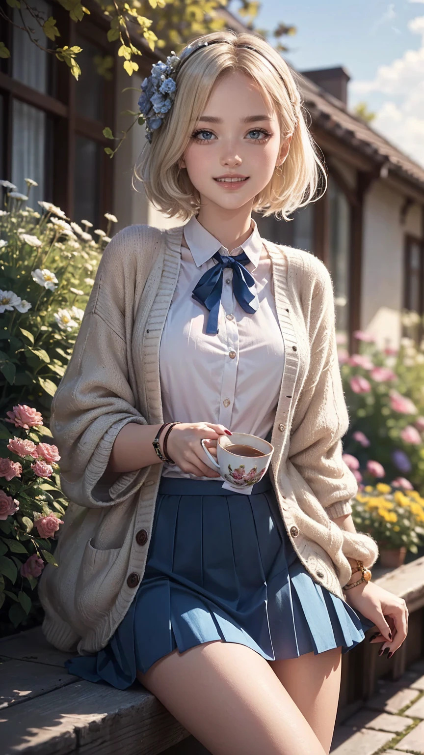 ((最high quality, 8K, masterpiece: 1.3, Ultra HD, high quality, 最high quality, High resolution, realism)) 、A 22-year-old extremely beautiful white woman、Her hair color is platinum blonde、blue eyeedium hair、straight hair、The hair is shiny、The skin is lustrous、smile、Slender but well-proportioned muscular body、Athlete-like body type、I don&#39;t want my head to disappear from the screen.、Wearing accessories on your wrist、Wearing red nail polish、I have a peticure、British suburban buildings、There is an English garden、Many flowers bloom、The blue sky is beautiful、summer sunshine、Wearing a blouse、put on a cardigan、Long length covers the ankles、Wear a pleated skirt、Drinking tea in a cup and saucer in the garden、anatomically correct、((anatomically correct))、Ultra high definition((UHD))、textured skin((textured skin))、very detailed((super detail))、high detail((high details))、smile showing teeth((grin))、hair flower((hair flower))