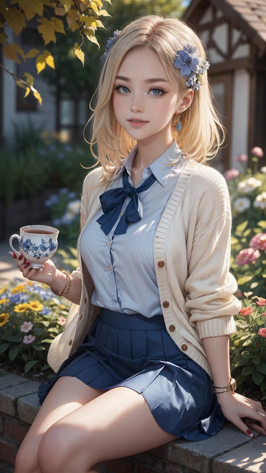 ((最high quality, 8K, masterpiece: 1.3, Ultra HD, high quality, 最high quality, High resolution, realism)) 、A 22-year-old extremely beautiful white woman、Her hair color is platinum blonde、blue eyeedium hair、straight hair、The hair is shiny、The skin is lustrous、smile、Slender but well-proportioned muscular body、Athlete-like body type、I don&#39;t want my head to disappear from the screen.、Wearing accessories on your wrist、Wearing red nail polish、I have a peticure、British suburban buildings、There is an English garden、Many flowers bloom、The blue sky is beautiful、summer sunshine、Wearing a blouse、put on a cardigan、Long length covers the ankles、Wear a pleated skirt、Drinking tea in a cup and saucer in the garden、anatomically correct、((anatomically correct))、Ultra high definition((UHD))、textured skin((textured skin))、very detailed((super detail))、high detail((high details))、smile showing teeth((grin))、hair flower((hair flower))