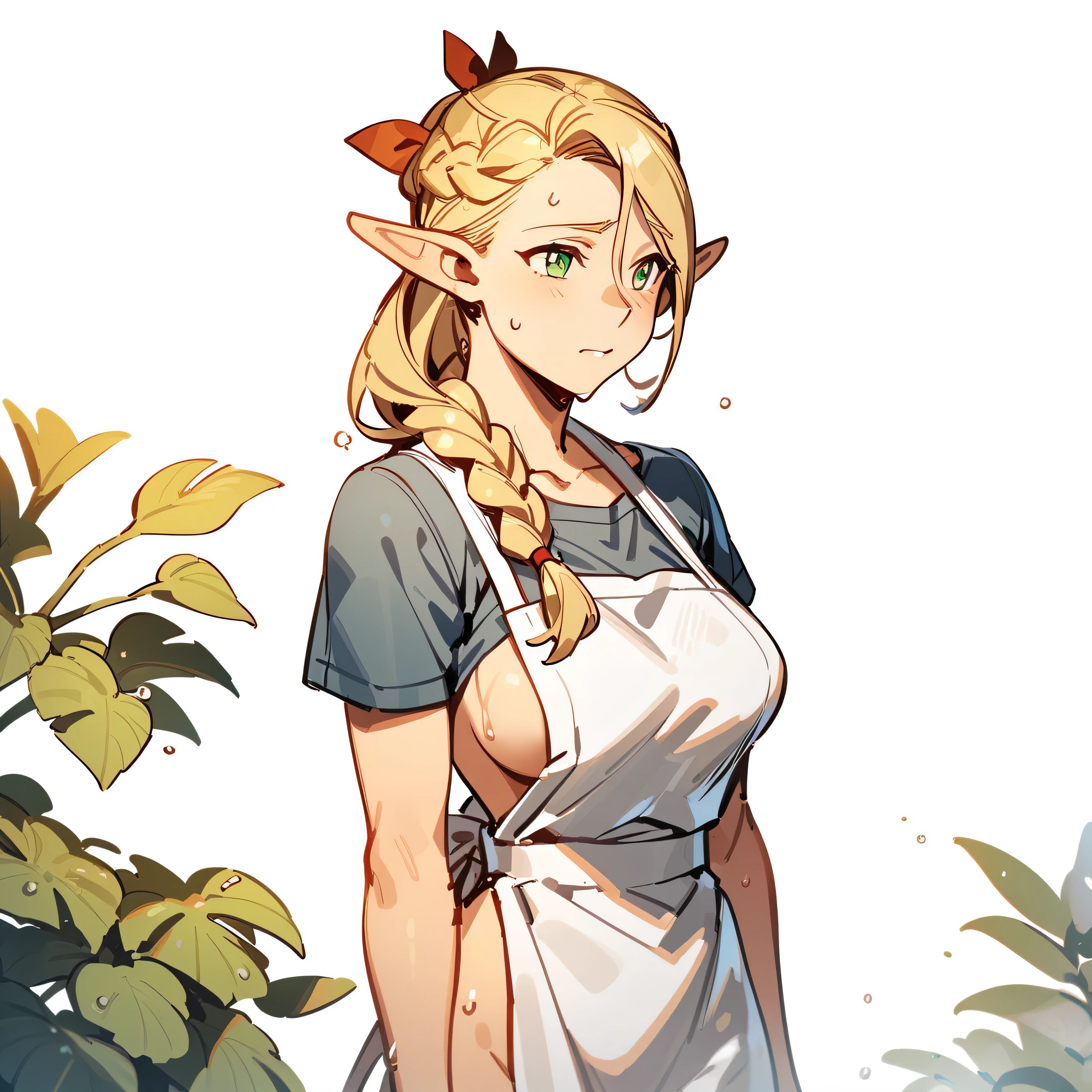 masterpiece, best quality, pointy ears, braid, solo, green eyes, elf, blonde hair, , 1girl, long hair, hair over shoulder, single braid, morning atmosphere, , rating:nsfw, , wearing only white kitchen apron, white background, , sexy, wet, side boob, (by khyle:0.7)