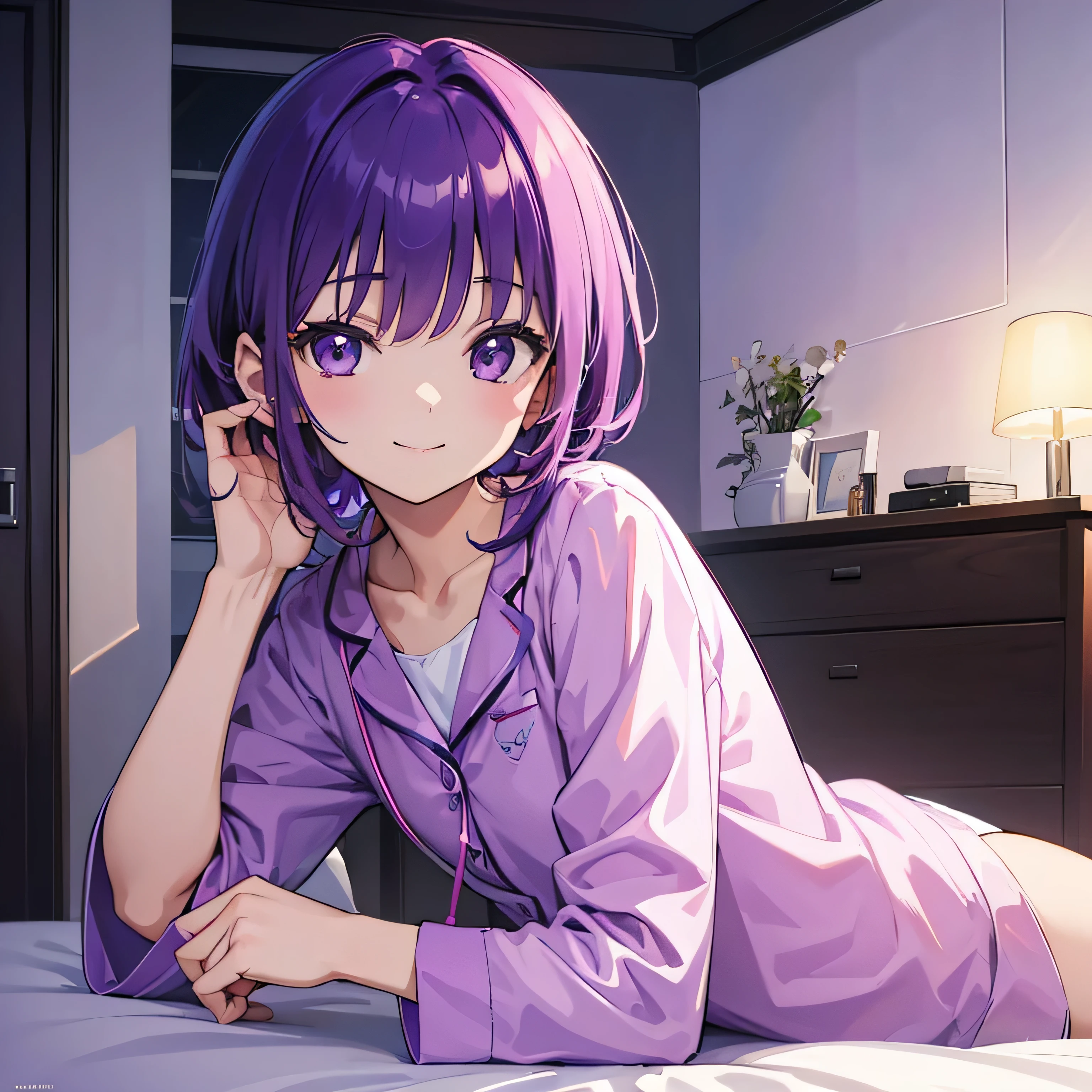 (T Masterpiece，4k wallpaper，best quality))、((girl１people))、(solo)、Shining and vivid，(purple hair)、(shortcut:1.3)、smile、Bedroom、pajamas、night