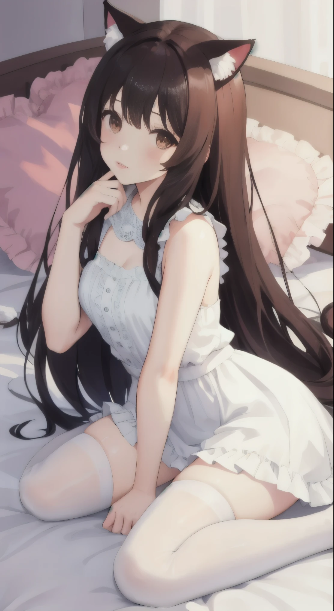 1girl, solo, long hair, breasts, looking at viewer, bangs, brown hair, thighhighs, dress, animal ears, brown eyes, sitting, closed mouth, full body, frills, sleeveless, indoors, cat ears, white dress, blurry, white thighhighs, lips, pillow, bed, blurry background, fake animal ears, on bed, wariza, stuffed toy, between legs, realistic, bedroom