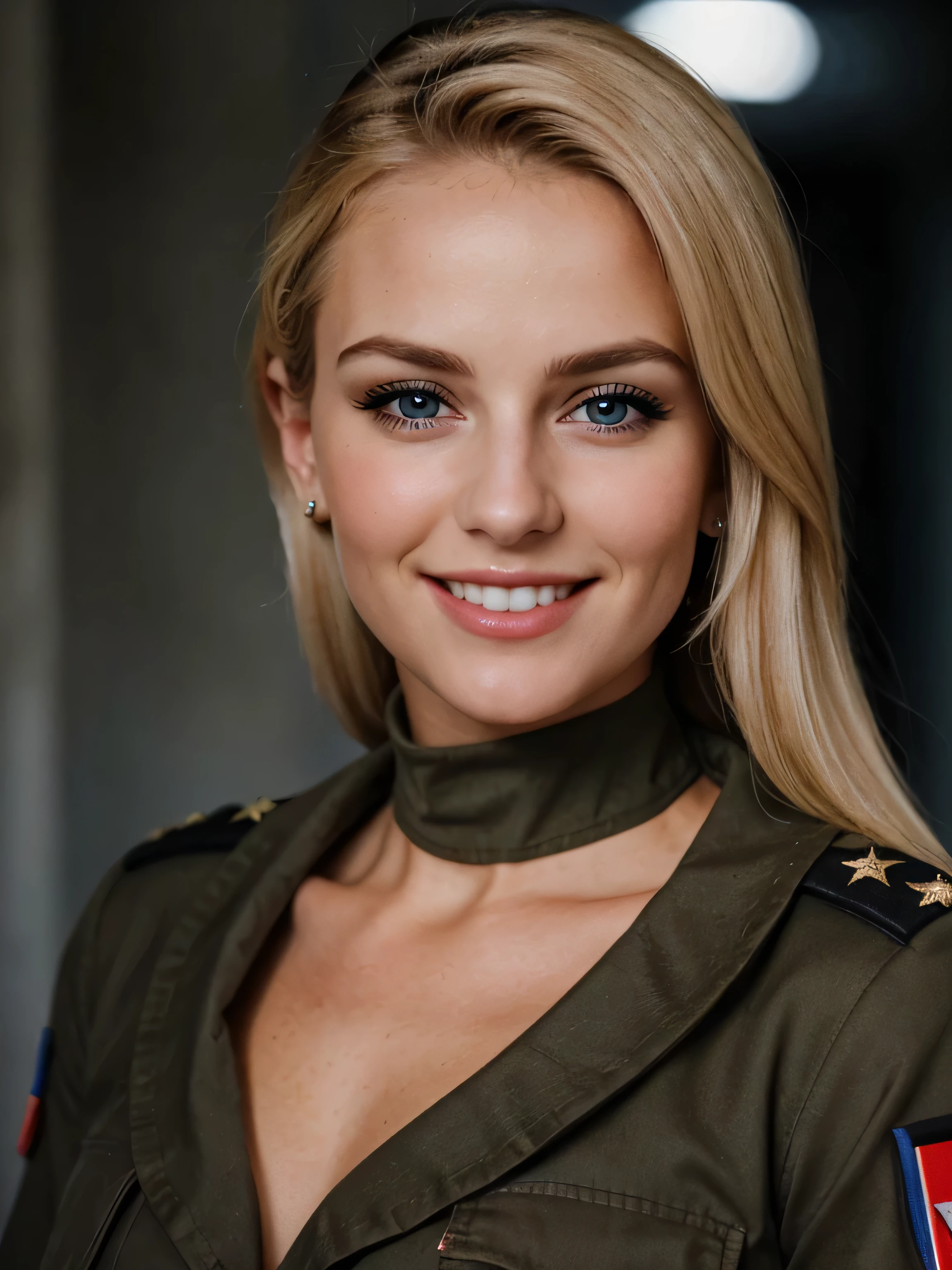 a closeup dark upper body shot photo of a blonde with perfect eyes, smile, wearing militry dress and gun , special force, same face