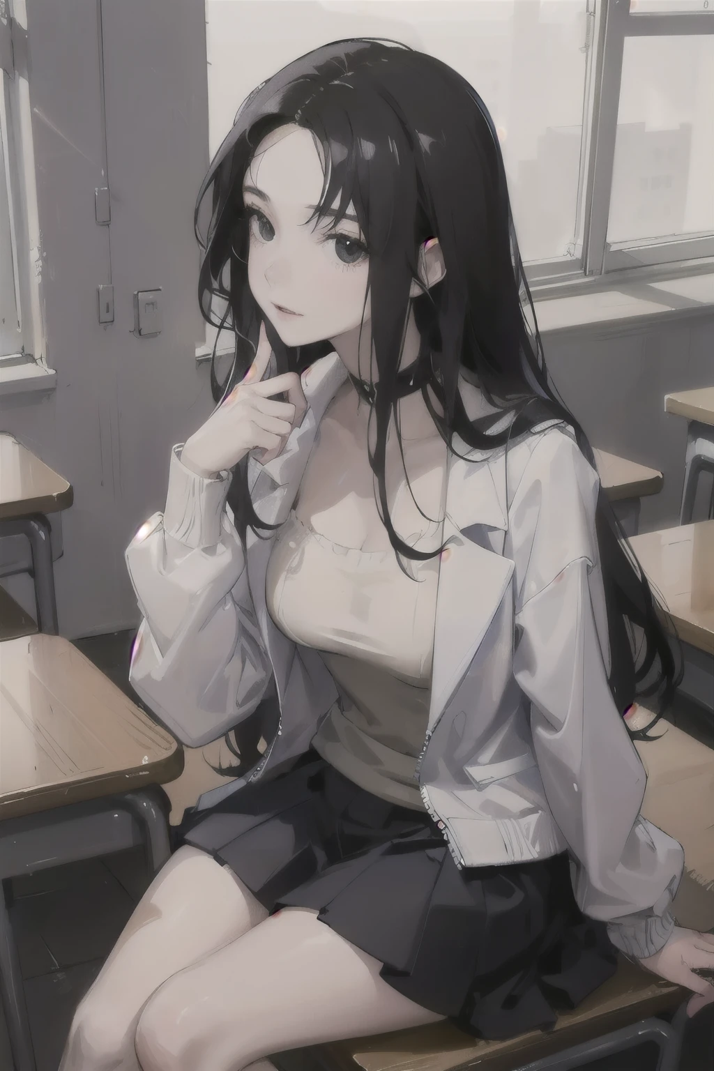 ((Best quality)), ((masterpiece)), (detailed), (anime), perfect face, pale skin, 18 years old, medium-sized breasts, perfect body, black hair, black eyes, , at school.