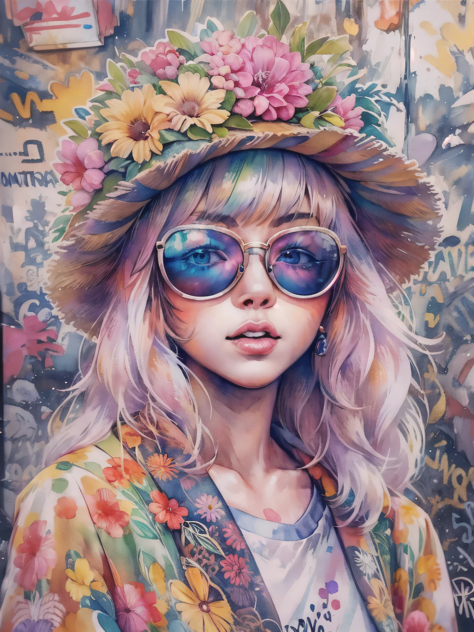 8K quality, watercolor painting, stylish design, (((The strongest beautiful girl of all time))), (((Japanese)))、Idol、clear, Stylish sunglasses, Fashionable hats, (((highest quality))), bob hair, HDR, ((Detailed details)), skull fashion, detailed clothing texture, (((graffiti art))), colorful hair, ((masterpiece))、((Super detailed))、(((colorful flowers)))