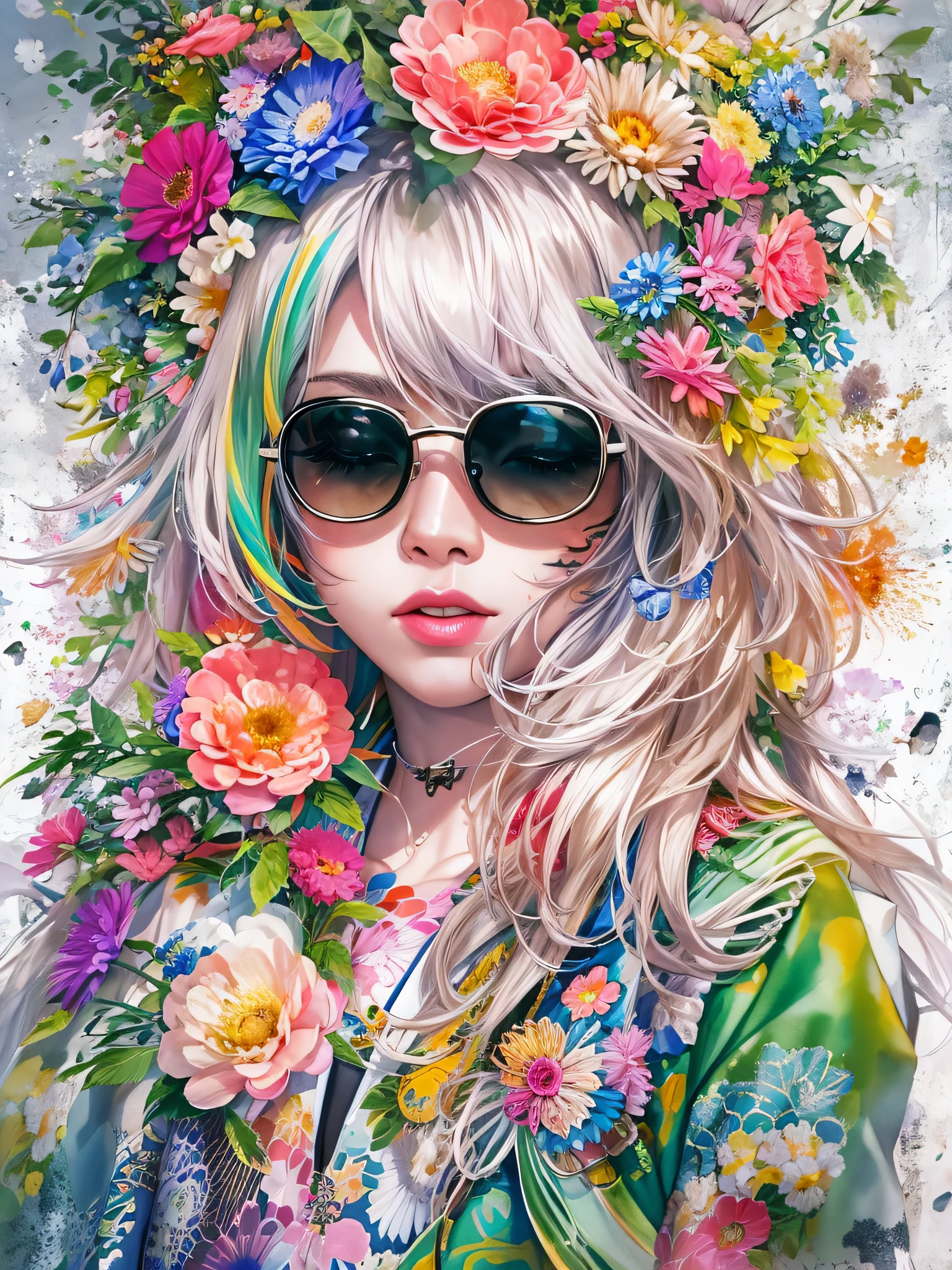 8K quality, watercolor painting, stylish design, (((The strongest beautiful girl of all time))), (((Japanese)))、Idol、clear, Stylish sunglasses, Fashionable hats, (((highest quality))), bob hair, HDR, ((Detailed details)), skull fashion, detailed clothing texture, (((graffiti art))), colorful hair, ((masterpiece))、((Super detailed))、(((colorful flowers)))