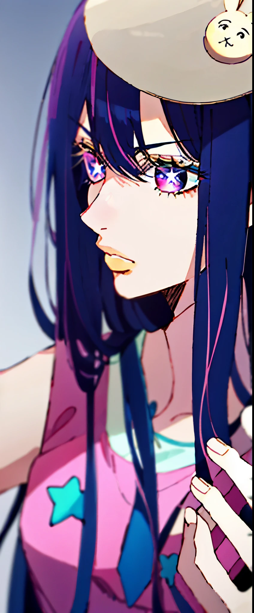 stoneocean Hoshino Ai, long hair, purple hair, streaked hair ,purple eyes, star-shaped pupils, hair ornament,